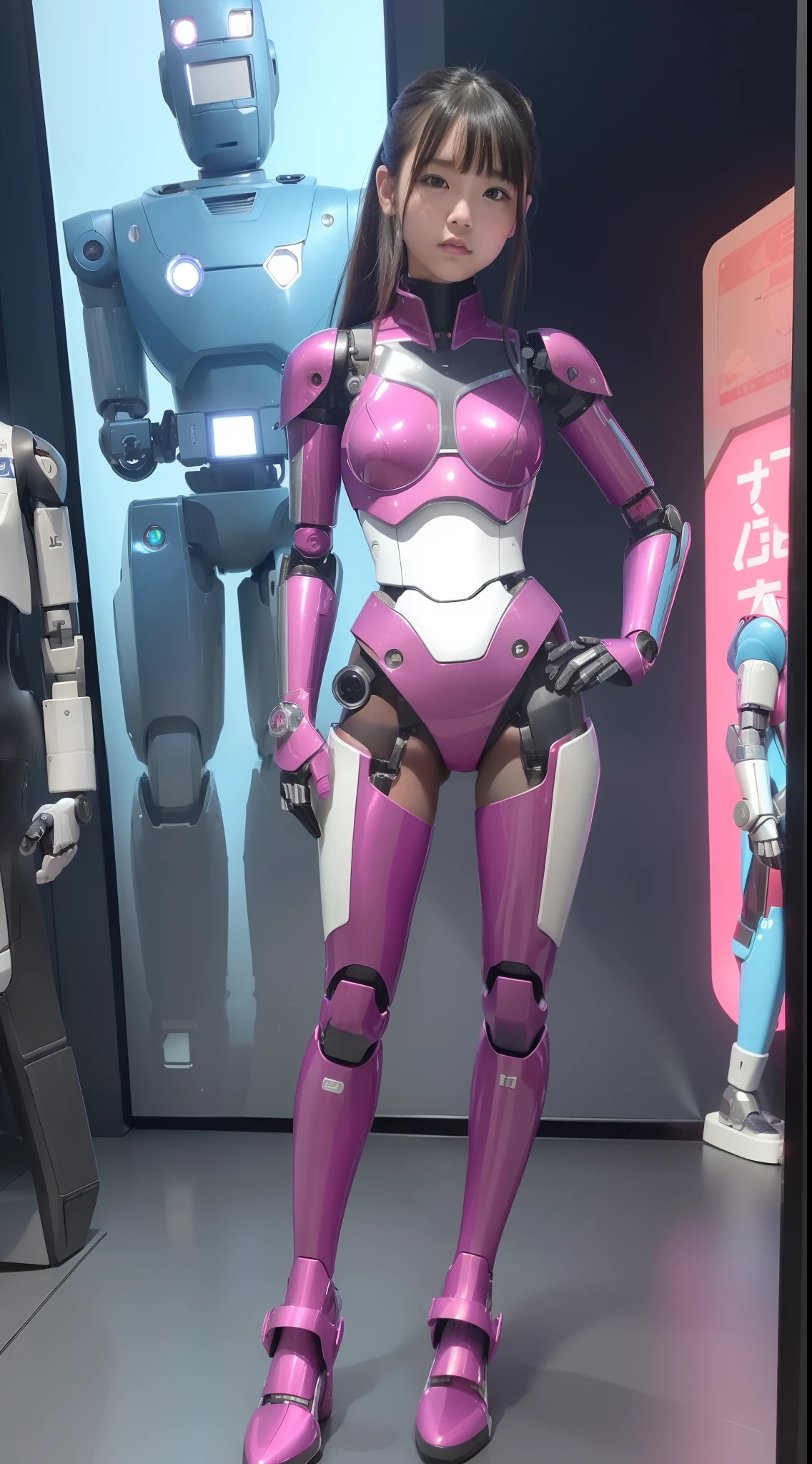 (Photorealsitic:1.4)、One girl、(top-quality)、(hyperdetailed face)、(Super well-formed face)、((Robot Parts))、(Robot Girl)、(Blue)、(pink there)、(Burgundy)、(metallic)、(full body)、(sexy pose)、(Slender body)、(Model body type)、(full body mech)、(Akihabara)、(is looking at the camera)、(A dark-haired)、(Well-proportioned girl)、(a small face)、(Idol)、(front facing)、(Standing with legs open)、(Hands on hips)、(Photo session)、(Looks sad)、(Perfect Robot Girl)、(Perfect mechanical body)