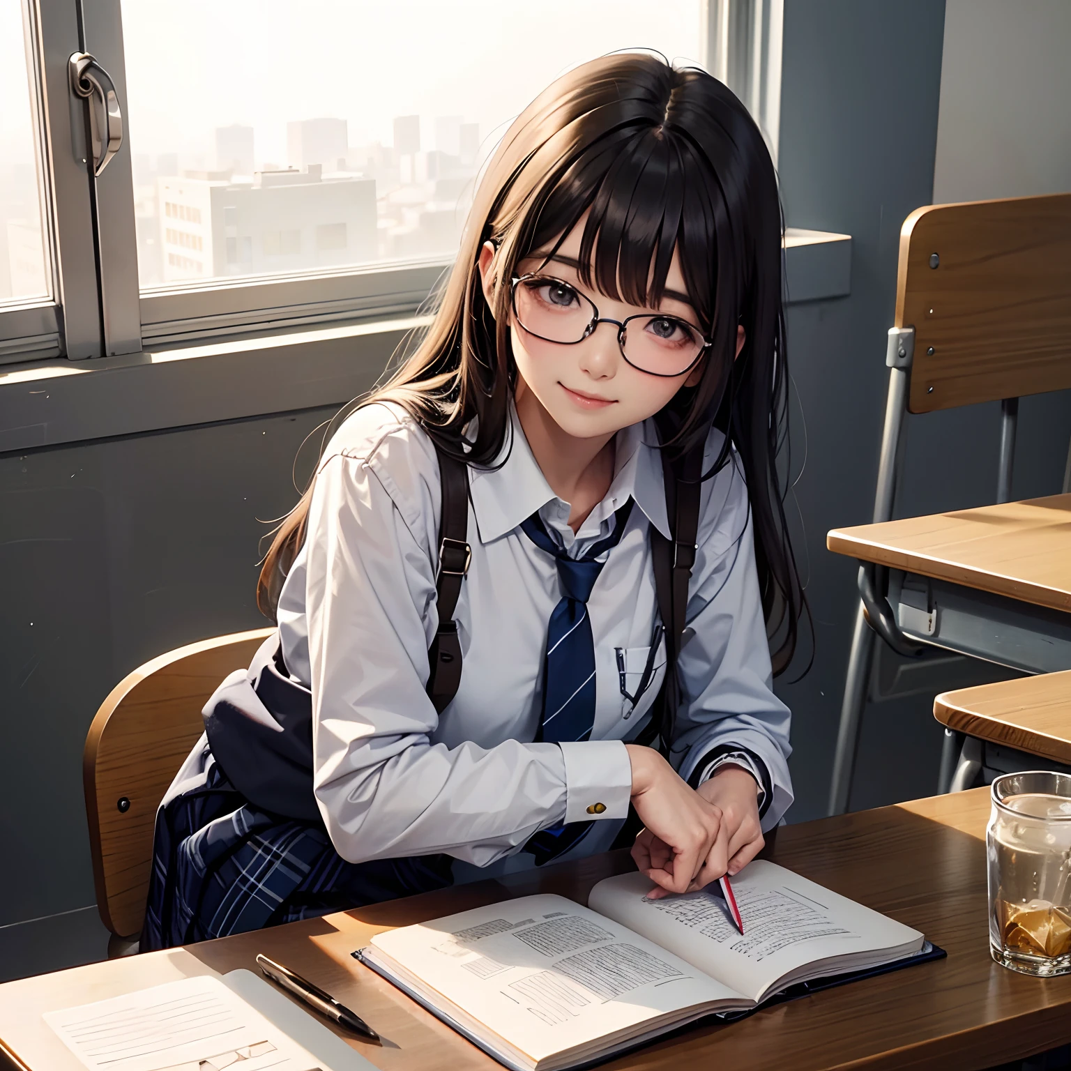 girl in glasses、in class room、a smile、write、masuter piece、Loose and fluffy hair