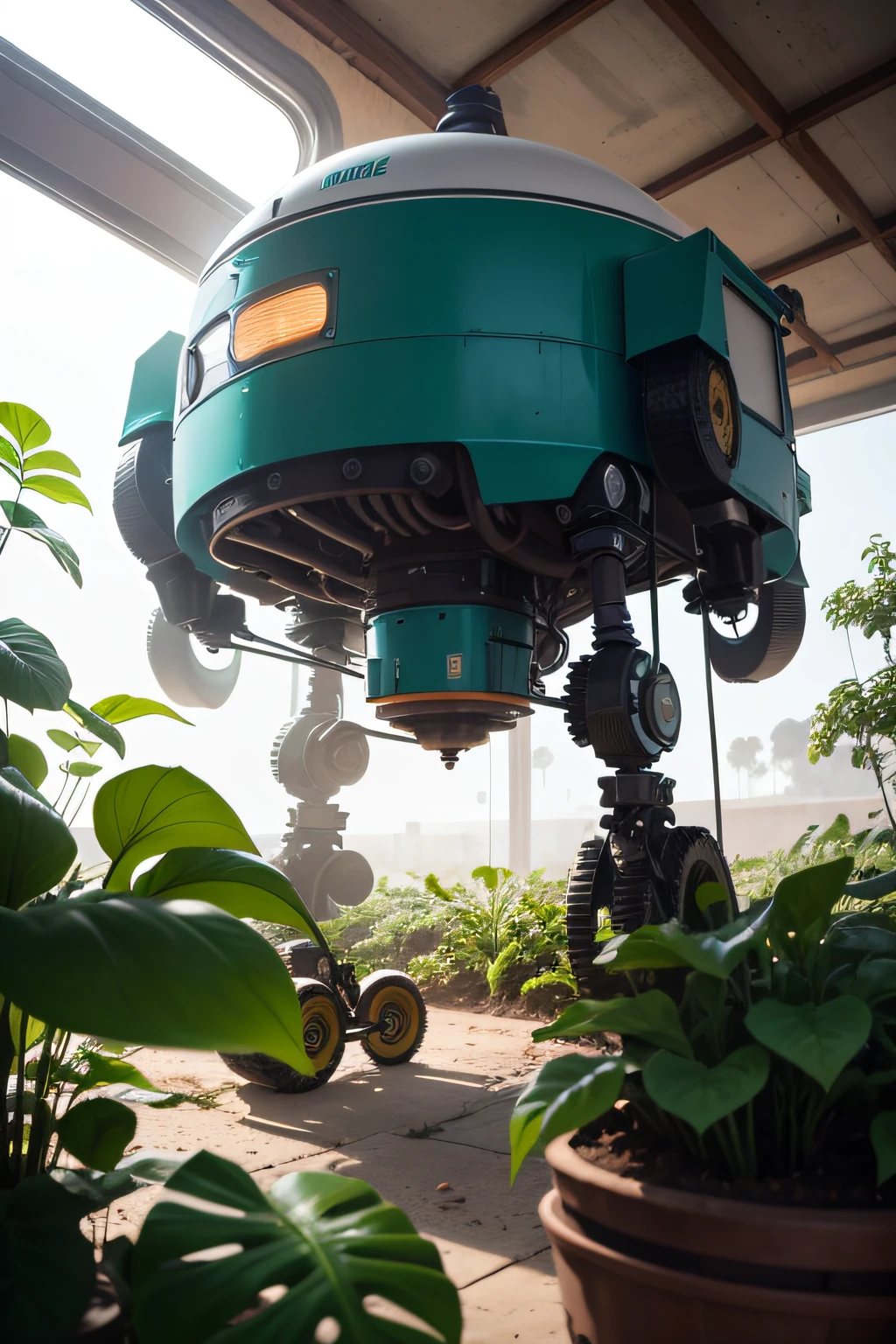 Crear un robot agricultor de dos ruedas y con una semi esfera de vidrio arriba, con una planta dentro