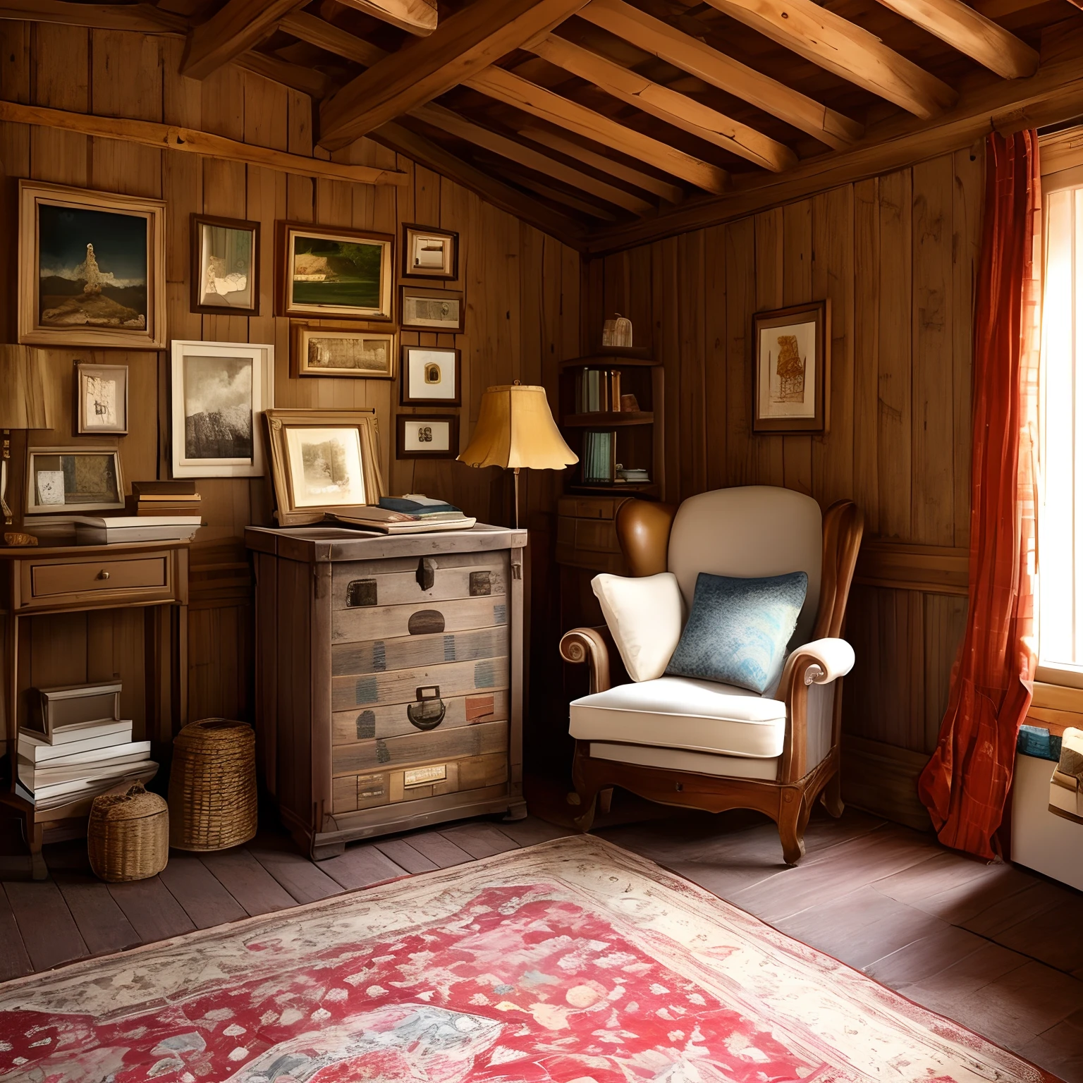 Attic full of boxes and dusty, with an old trunk and an antique armchair, Estilo disney
