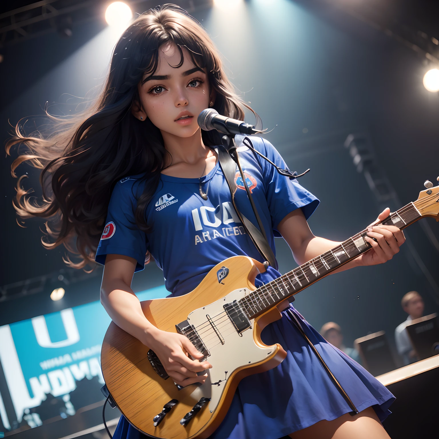 (Melhor qualidade), (ultra qualidade), (HD), (imagem inteira), (imagem no palco de um show), (Adolescente, pele branca, olho azul, standard size hair, com um vestido sensual, holding a microphone with his right hand close to his lips).