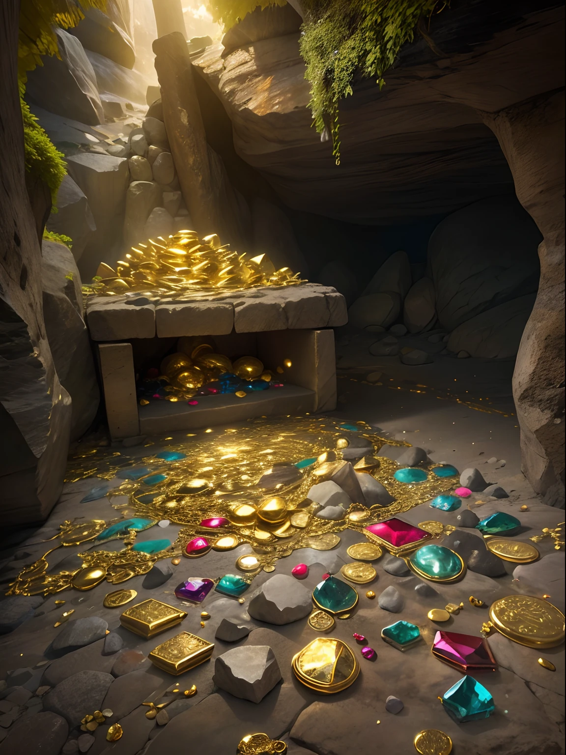 (piles of gold and precious stones in the center), lying on the stone floor in the cave, the light is on the top right