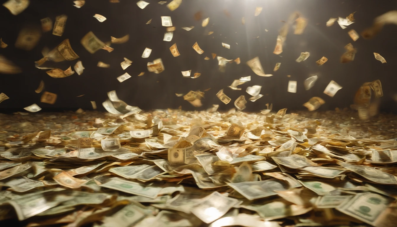 Hyperinflation、The Great Recession、Banknotes lose their value、Money becomes garbage、The floor was littered with scattered banknotes,Banknotes floating in the air、