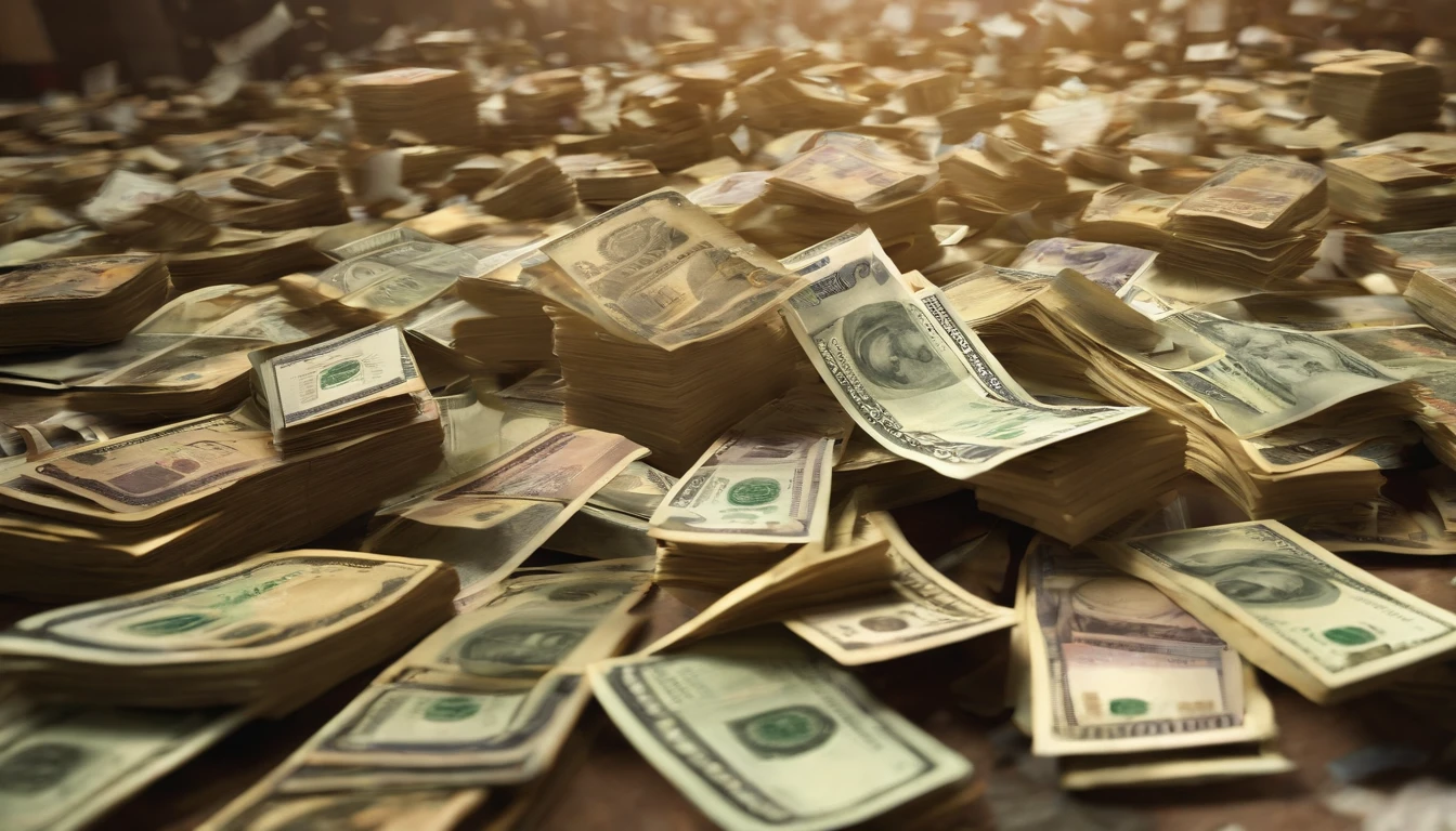 Hyperinflation、The Great Recession、Banknotes lose their value、Money becomes garbage、The floor was littered with scattered banknotes,Banknotes floating in the air、