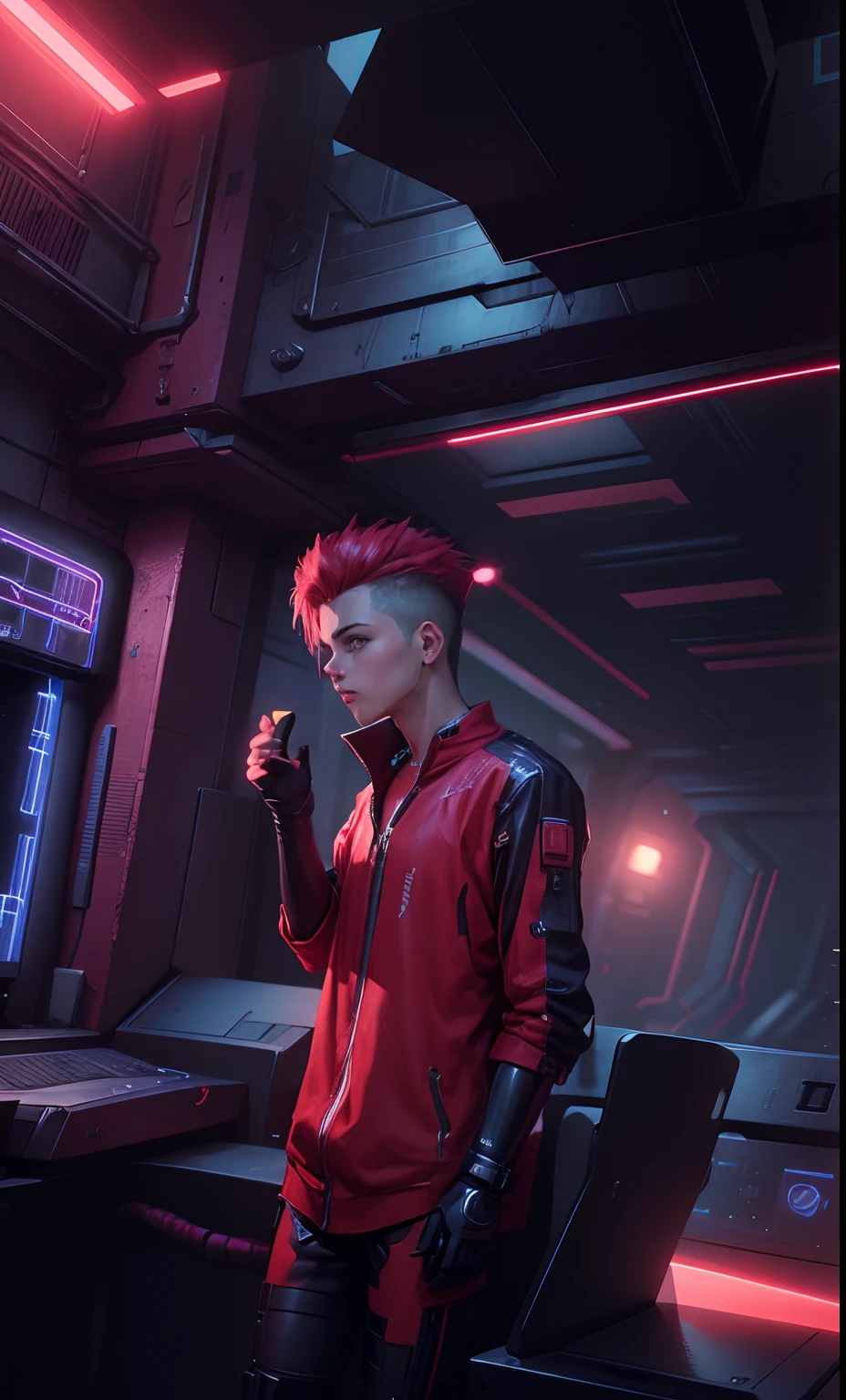 background relastic cyberpunk, beautiful texture,8k ultra HD,boy pic ,dress cyber robot style ,hair colour red ,one hand machine