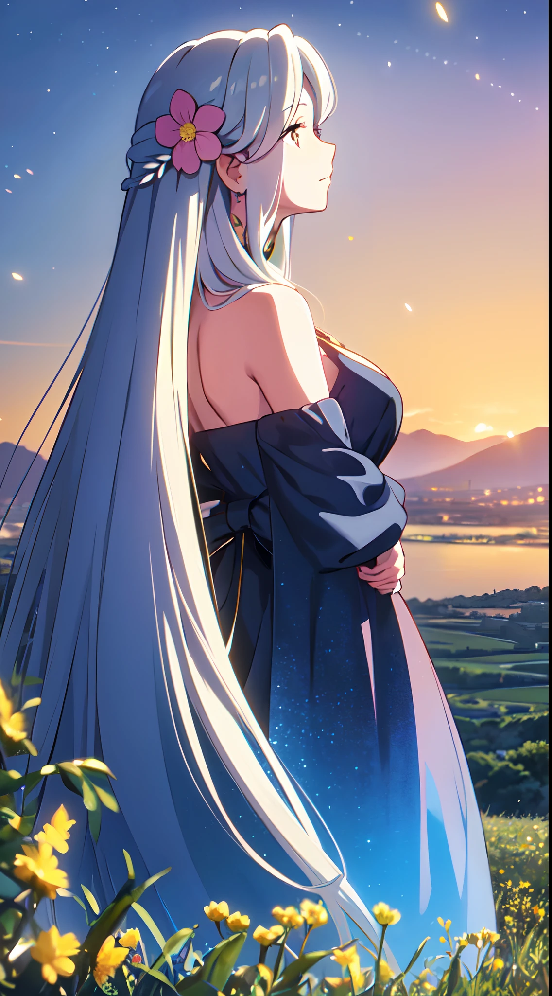 Realistic 3D anime style image of a dark-skinned woman wearing a long black hooded cloak ((covering her head up to her forehead)), ((cape and hood decorated with fine intricate details)), beautiful face, perfect beauty , detailed, symmetrical, two long strands of white hair on each side of the face, ((her blue eyes reflect the light of the stars)),(( beautiful eyes extremely  detailed)), (beautiful lips)( well detailed full lips), perfect body, voluptuous body ,(((large breasts))),(a round silver medallion (with fine intricate details) tied to a silver chain hanging on her chest),(((narrow waist))),(((wide hips))) , (((thick thighs))),(long-sleeved black (neckless) blouse), (qipao collar decorated with fine intricate details), (black gloves with cuffs) (decorated with fine intricate details), (short black skirt with a sash, (in the sash she wears a leather belt from which a silver dagger hangs), long black stockings covering her legs to the middle of her thighs, (black ankle boots with flaps up to the knee), ((decorated with fine intricate details)). walking through a forest of wisteria trees, near a beautiful lake with crystal clear waters on a sunny day ((ground covered in beautiful red flowers)), high quality image,extremely detailed, masterpiece, 8k resolution,