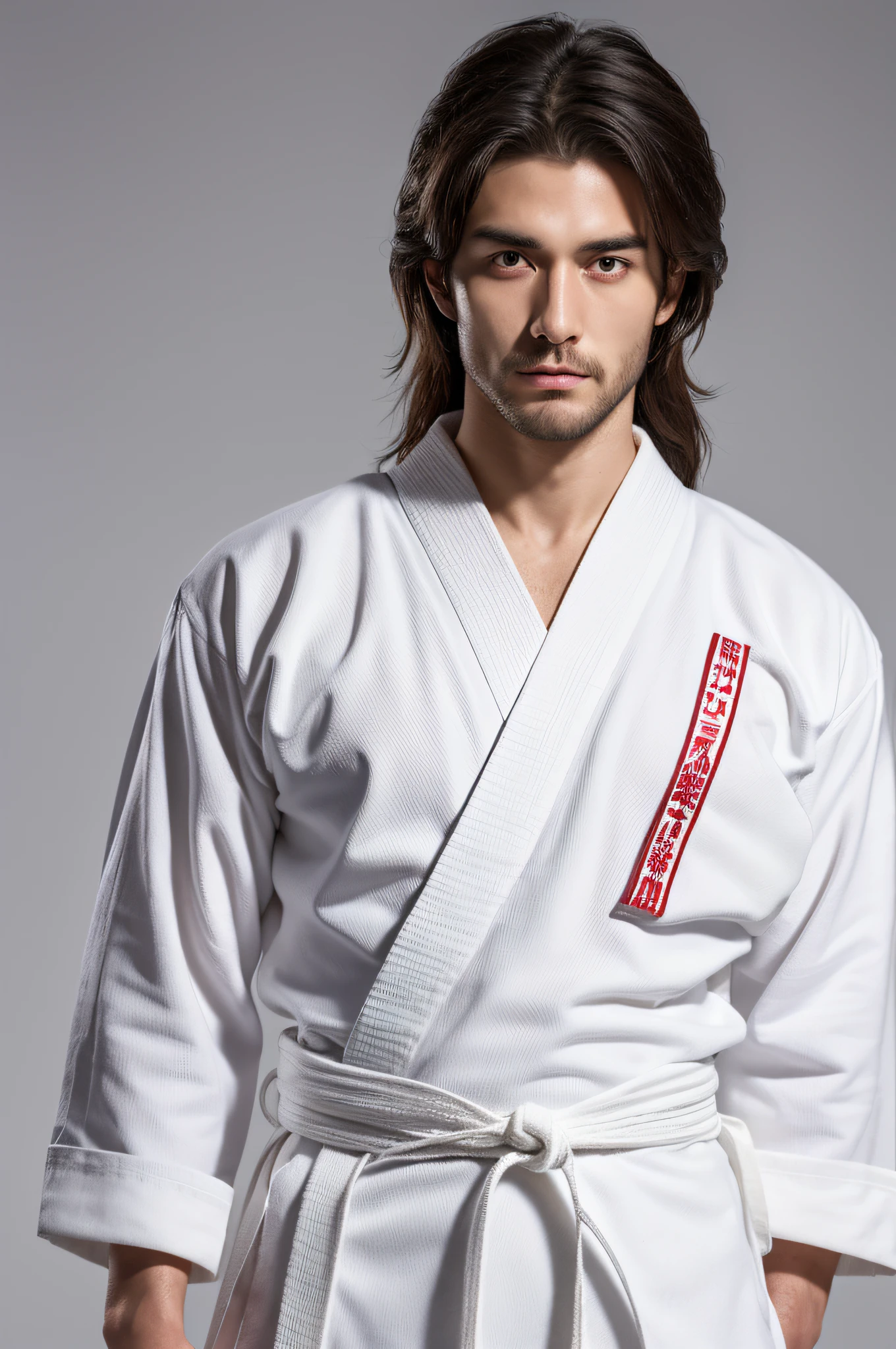 a picture, Photorealsitic, 8K Full Body Portrait of Handsome Man, 20yr old, big muscle, A warrior, Disheveled Long Hair, Tall, bare-legged, White karate uniform, White karate obi, White karate pants, A keen gaze that looks straight at the viewer