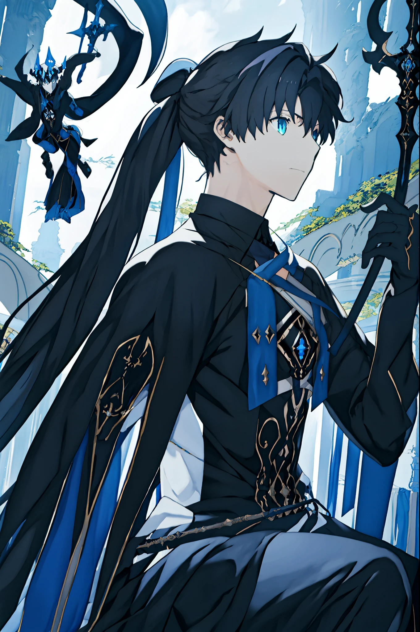 1male,solo, fate go, gudao fusionado con la class card de Morgana le fae, Dressed in a black royal male robe with blue stripes, con una corona negra con puntas azules, con un velo negro traslucido cubriendo el rostro.