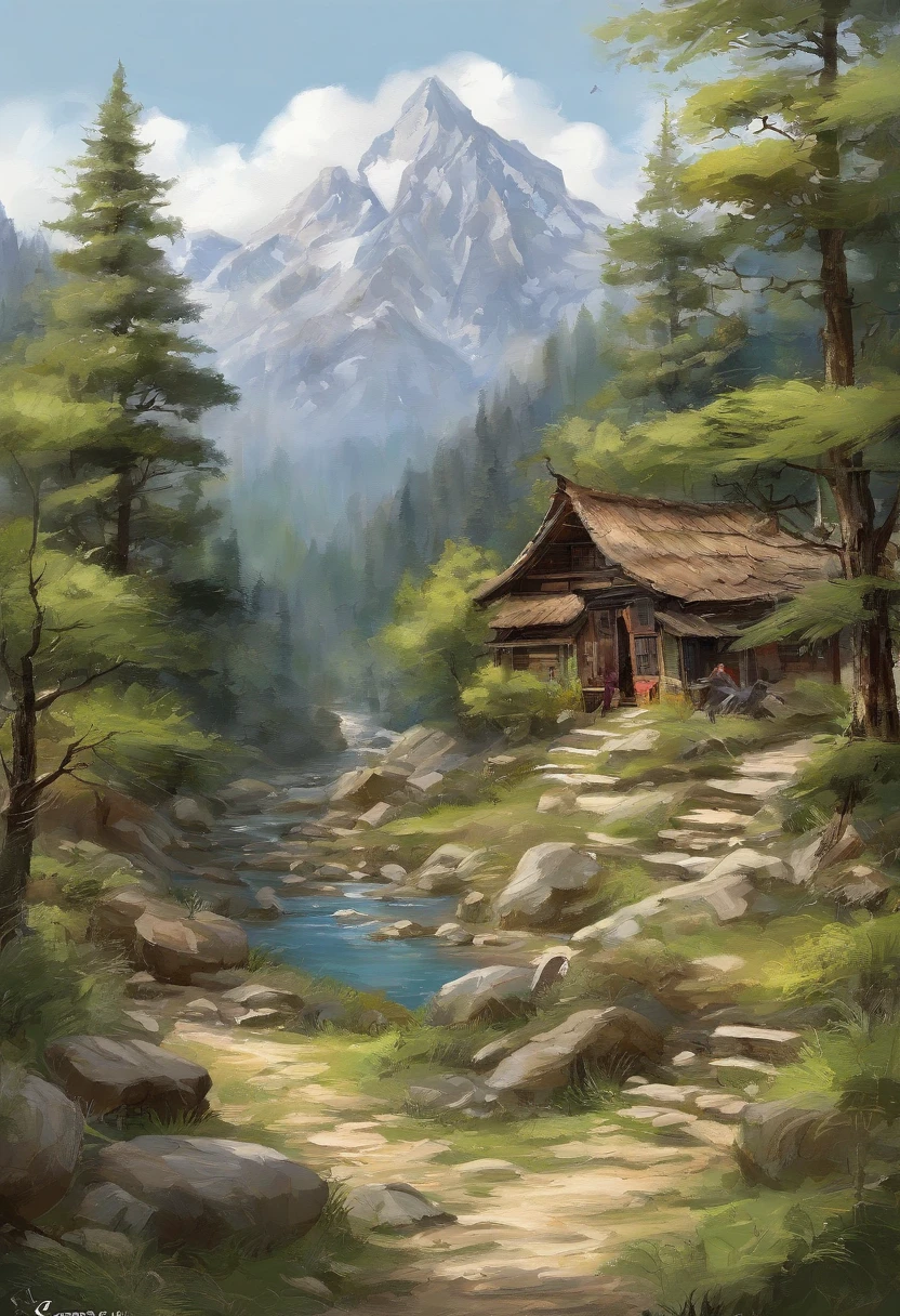 （（（Comic storyboard））），comic strip，Two-dimensional picture，Manhwa Style，Makoto Shinkai animation style，Makoto Shinkai animation film art style，Ultra-wide angle of view，China-style，mountain cliff，precipice，pines，Faraway view，Vivid and bright colors，super-fine，ultra - detailed，high qulity，8K ，oc rendered，dynamic viewing angle，Hyper-realistic，Hyper Real，Ultra photo realsisim