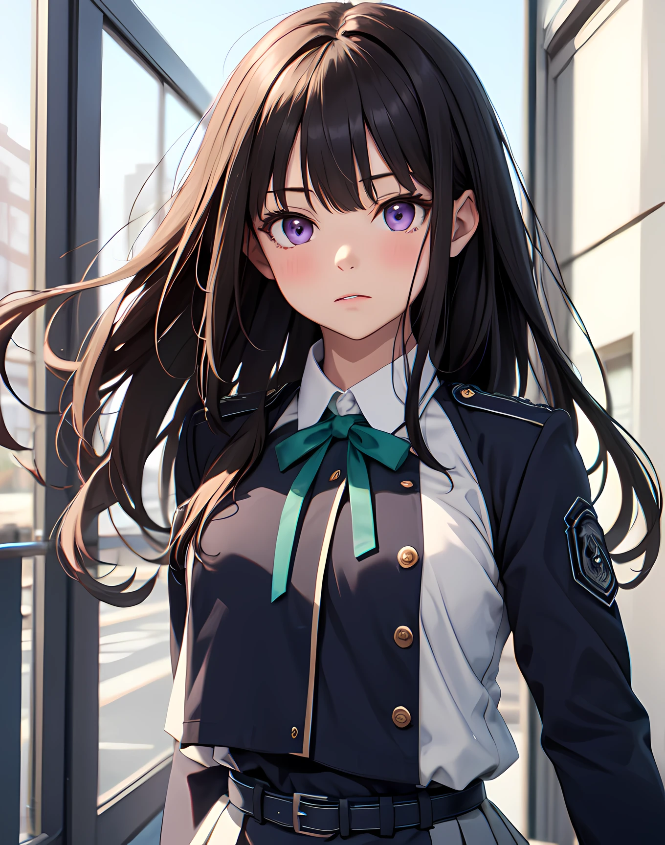 masterpiece, best quality, {best quality}, {{masterpiece}}, {highres}, illustration, 1girl, inoue takina, long hair, bangs, black hair, (purple eyes:1.2), blush, shirt, long sleeves, dress, ribbon, school uniform, white shirt, collared shirt, belt, neck ribbon, blue dress, green ribbon, pleated dress, grey dress, two-tone dress, blue belt, lycoris uniform, looking at viewer