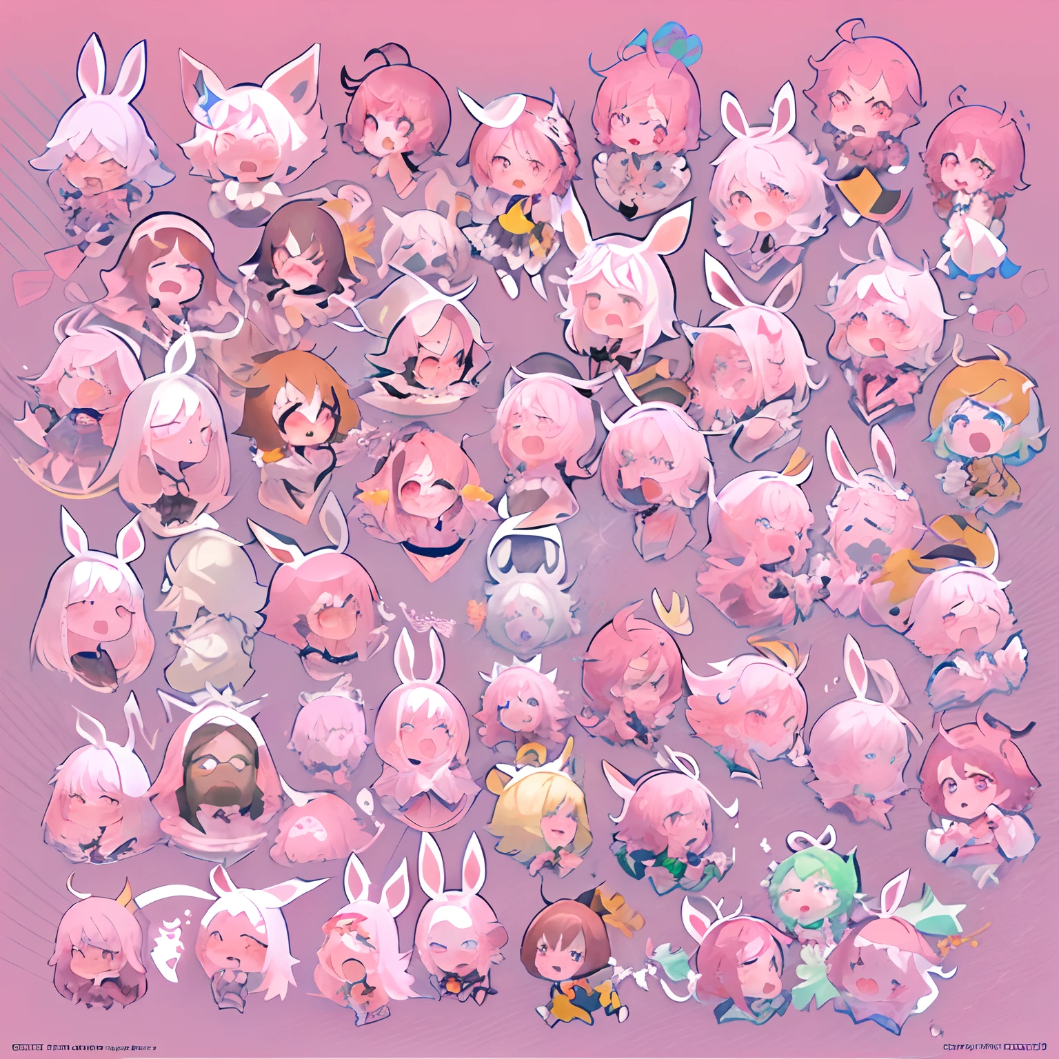 f/64 group, related characters, (all kinds of expressions,cheerfulness, Sad, Angry, expectant laughter, Disappointed, Scared,Surprised), White background, emoji as illustration set,dynamic pose dark white, (Pink hair, Pink eyes, rabbitears, Pink clothes :1.1), Carrot necklace,