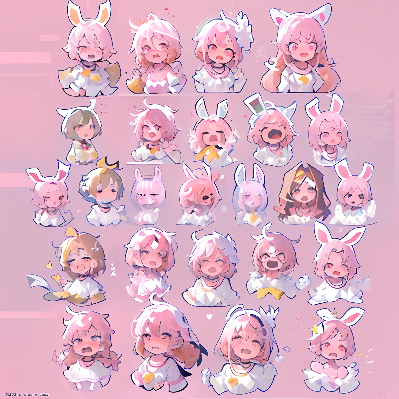 f/64 group, related characters, (all kinds of expressions,cheerfulness, Sad, Angry, expectant laughter, Disappointed, Scared,Surprised), White background, emoji as illustration set,dynamic pose dark white, (Pink hair, Pink eyes, rabbitears, Pink clothes :1.1), Carrot necklace,