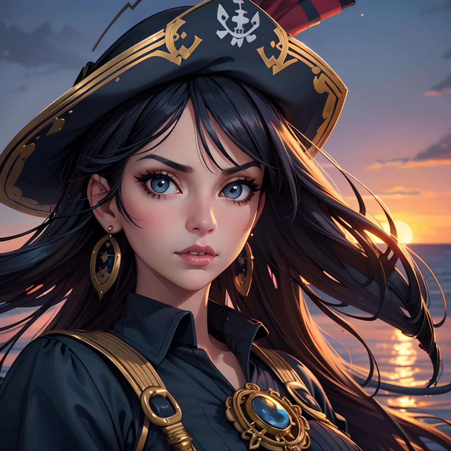 (best quality,realistic:1.37),Pirate woman,excited,beautiful,detailed eyes,detailed lips,intricate outfit,mature,blue colors,elaborate dress,fierce expression,sailing ship at sunset,dangling earrings,ornate hat,sharp sword,navy background,adventurous,nautical theme