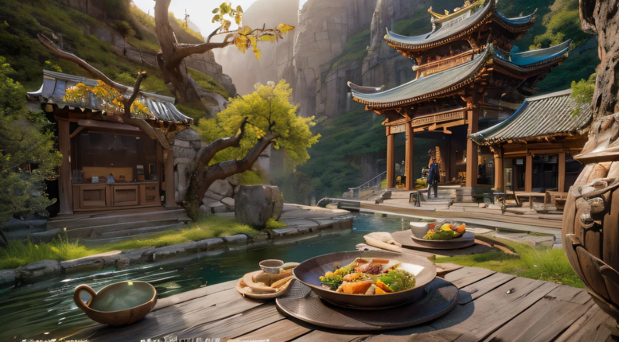 Top picture quality，8K,Meeting site，In the canyon ancient temple，All look at the desktop，Six male immortals，Black gold python robe crane embossed，Gourd tea set，Six dishes and one soup，A master piece of telephoto photography，Realisticstyle，hyper photorealism, Cinematic lighting, projected inset,