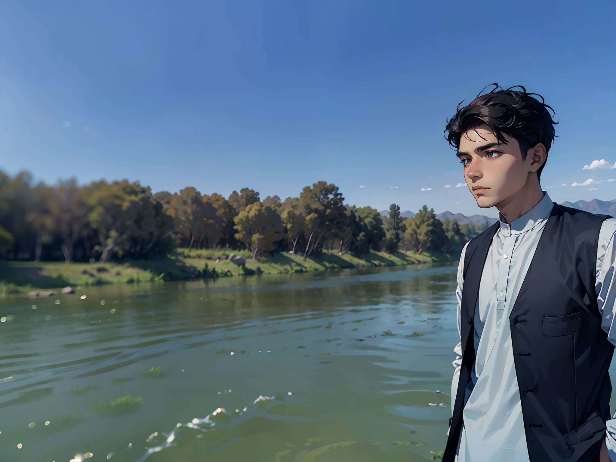 A young handsome man standing in front of a lake wearing a afghan traditional cloth, river in front of him, river near dry forest, standing next to water, river in the background, mid shot portrait