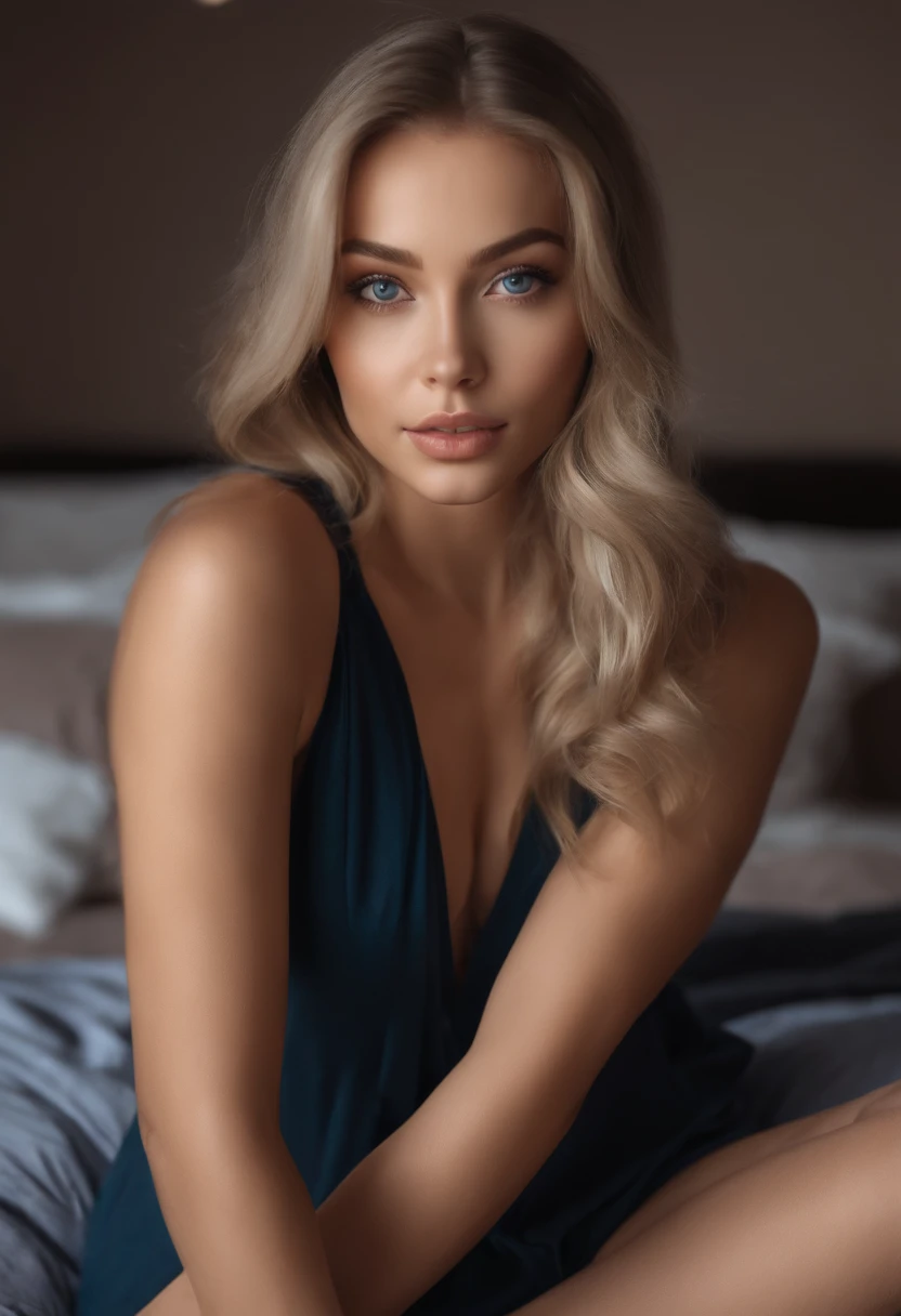 arafed woman fully , sexy girl with blue eyes, ultra realistic, meticulously detailed, portrait sophie mudd, blonde hair and large eyes, selfie of a young woman, bedroom eyes, violet myers, without makeup, natural makeup, looking directly at the camera, face with artgram, subtle makeup, stunning full body shot kneeling on bed, in bedroom, medium to large size bust; ; ;naked