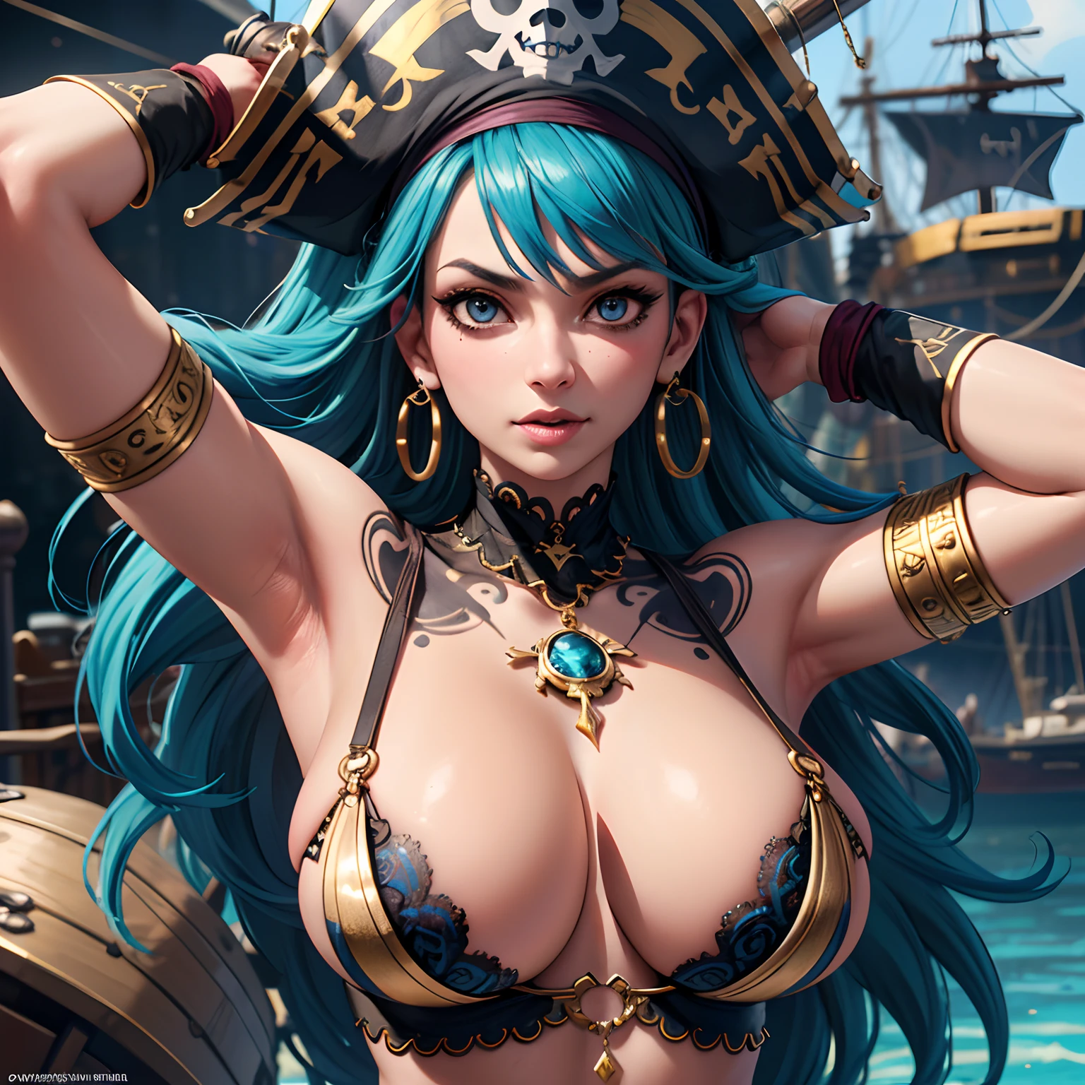 (pirate woman),(respectable),(beautiful),(exotic outfit),(blue color scheme),(fierce),(best quality,4k,8k,highres,masterpiece:1.2),(ultra-detailed),(realistic,photorealistic,photo-realistic:1.37),(HDR),(UHD),(studio lighting),(extremely detailed eyes),(vivid colors),(sharp focus),(bokeh),(pirate ship in the background),(sea breeze),(dangling gold earrings),(tattooed arms),(ornate pirate sword)