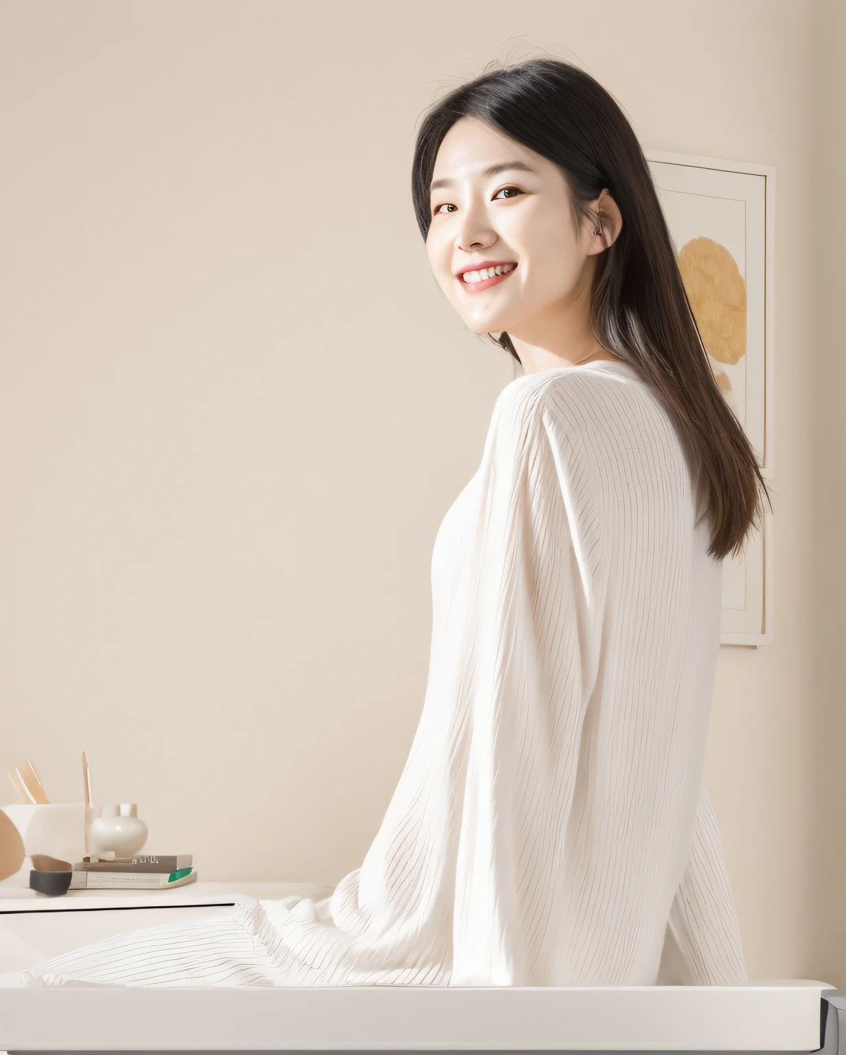 There is a woman sitting on the bed having,holding laptop, Wear a cream white shirt, A young Asian woman, central image, in white room, cover photo portrait of du juan, Yun Ling, elegant smiling pose, An Asian woman, gongbi, product introduction photos, bottom angles, with backdrop of natural light, Young Asian woman, inspired by Zhang Yin, Korean woman