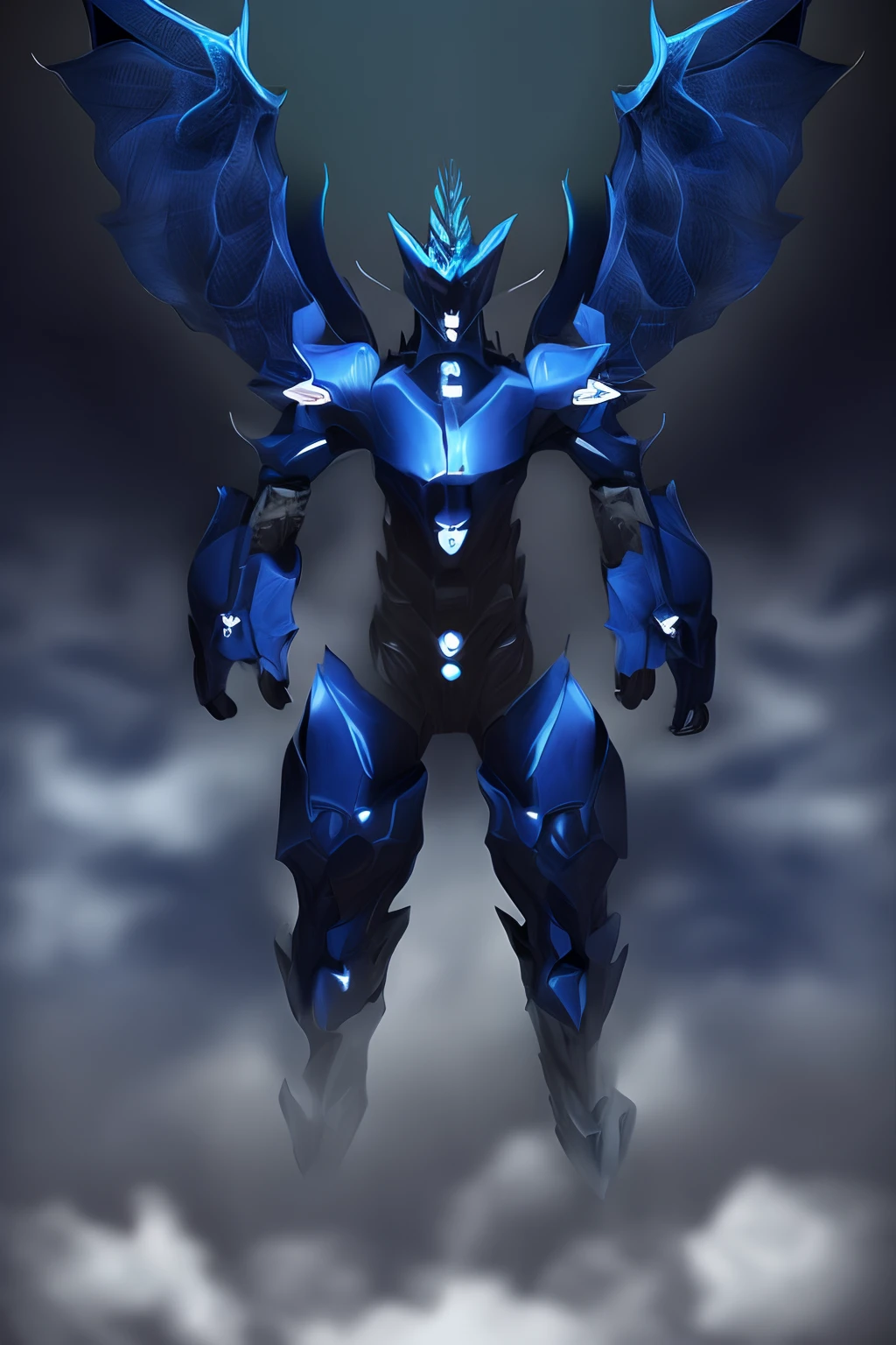 Dark fantatsy,black metal body,1 male,humanoid roobt,strange head,spike,claws,bird legs,robot joints,neon trims,black armor,black gold scheme,(glowing purplish-blue trim),eyeless robot,no eyes,muslces,abs,look at viewer,mechanical,armor skirt,black cloak