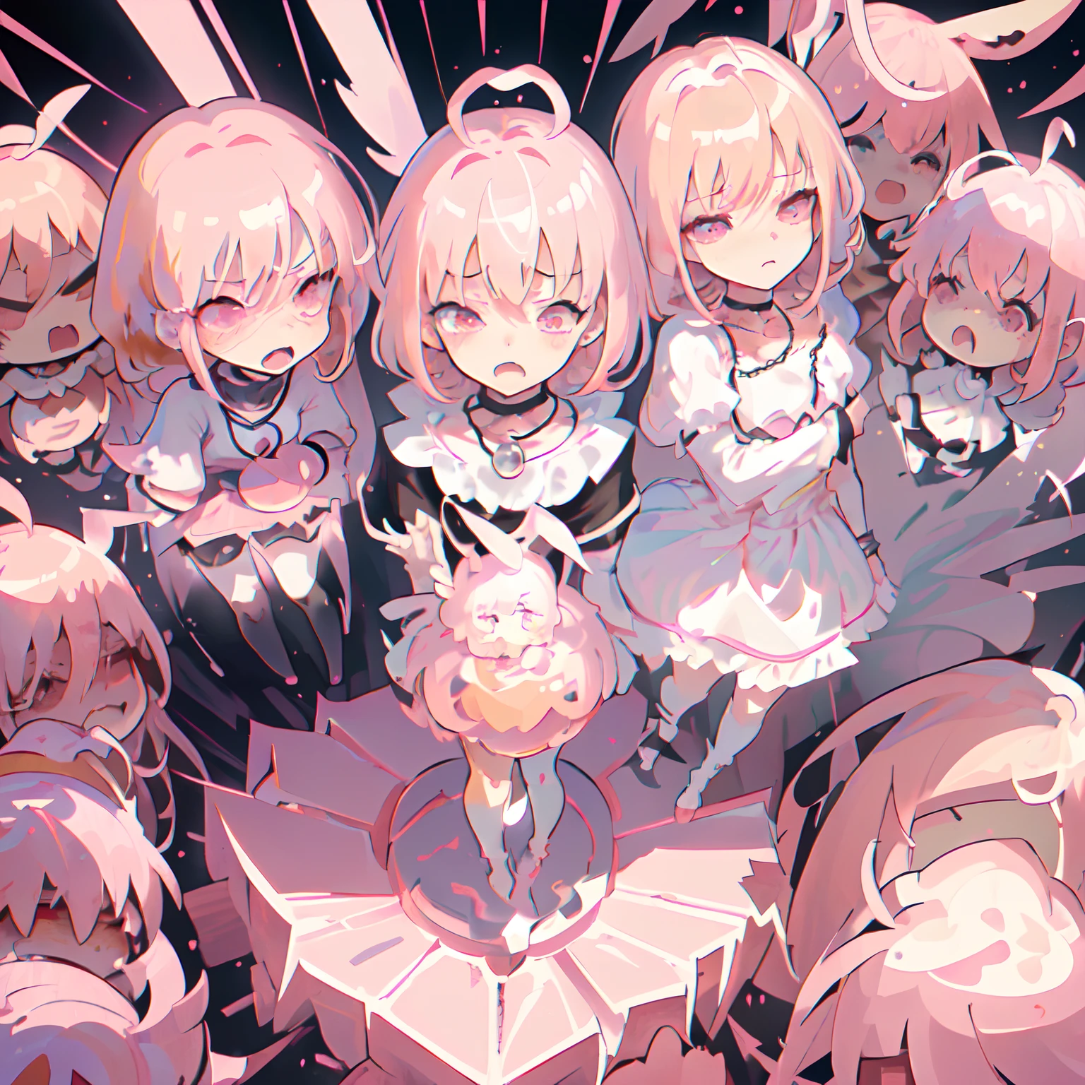 f/64 group, related characters, (all kinds of expressions,cheerfulness, Sad, Angry, expectant laughter, Disappointed, Scared,Surprised), White background, emoji as illustration set,dynamic pose dark white, (Pink hair, Pink eyes, rabbitears, Pink clothes :1.1), Carrot necklace,