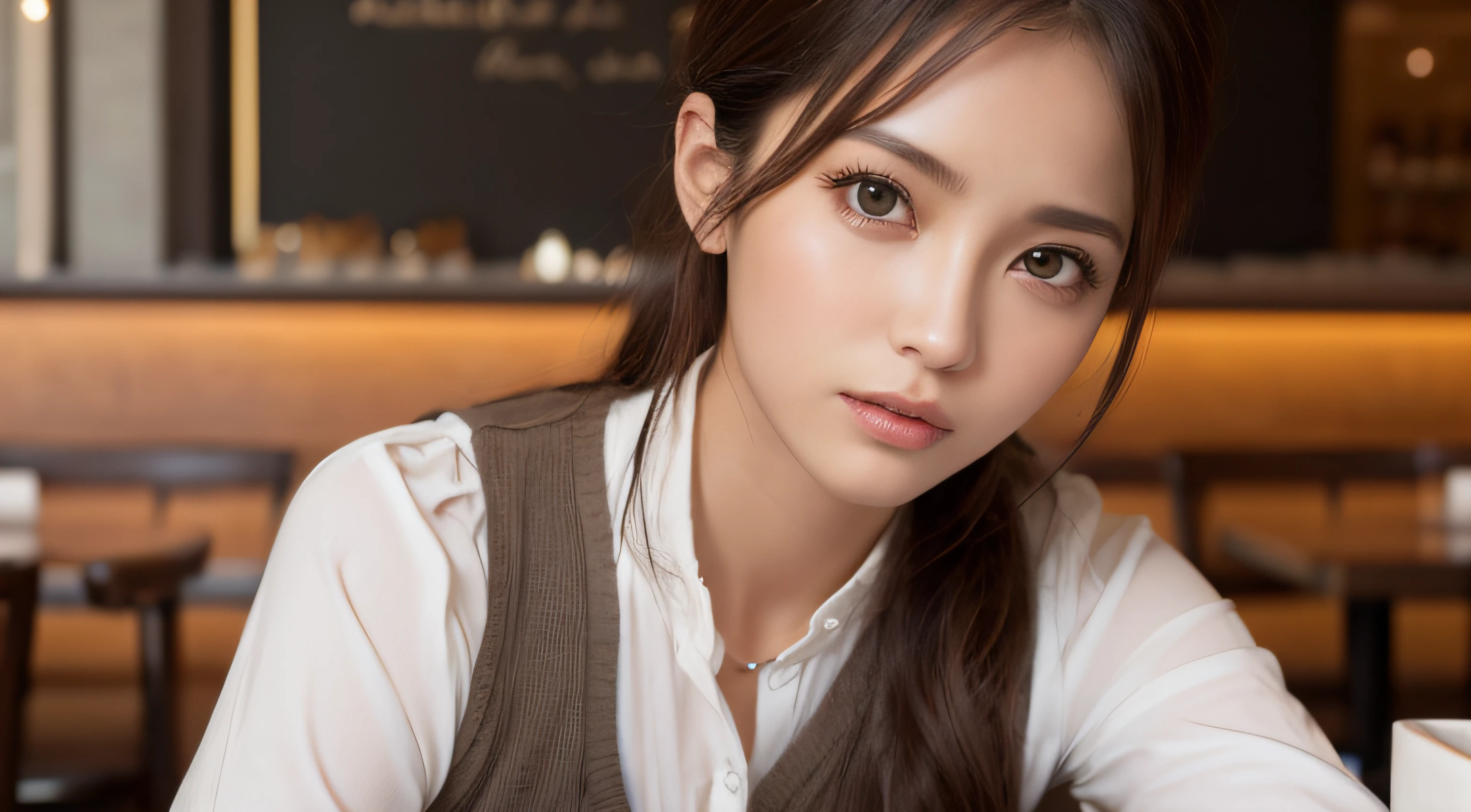 At the restaurant、Strong realism，（best qualtiy，4K，tmasterpiece：1.3），Pretty women，1girl in，Raised sexy：1.1，dark brown  hair：1.1，（：1.2），White vest，Super Detailed Face，Detailed lips，A detailed eye，二重まぶた、Black Big Eyes