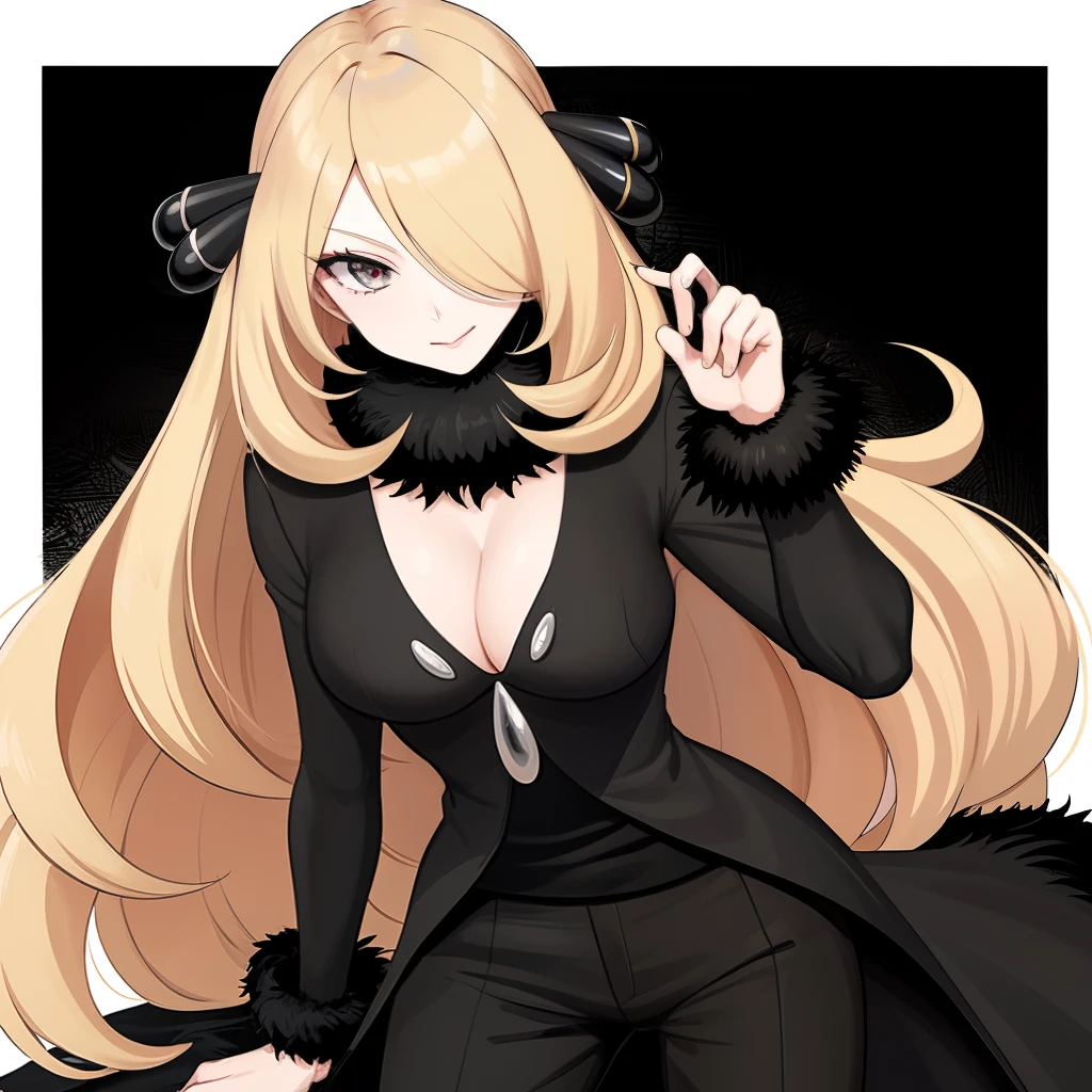 (masterpiece), (best quality)
BREAK cynthia \(pokemon\), fur collar, black coat, fur-trimmed coat, black shirt, black pants, blonde hair,