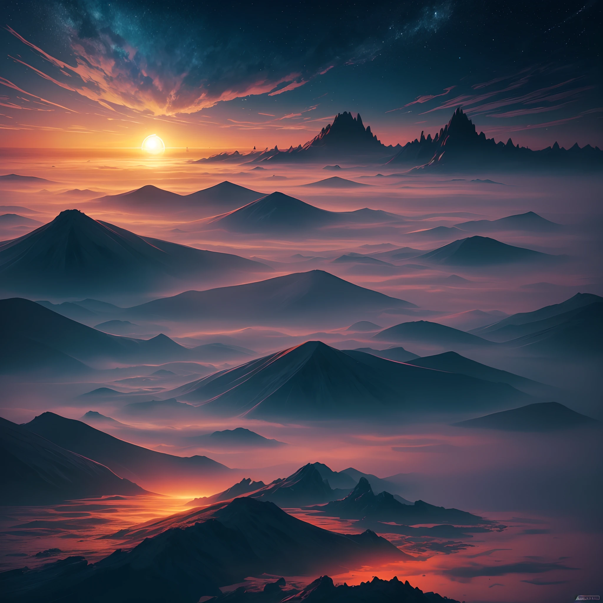 "Obra maestra surrealista. calidad excepcional. detalles sorprendentes. Surreal CG rendering of a dark red sun rising above a tranquil lake surrounded by blue clouds, autoiluminado, Large area of clouds and fog in luminous tones, celestial lighting, Cosmic illumination, Experience the fusion of abstract and realistic elements. Colores vibrantes y contrastantes. Mysterious atmosphere. Surrealist technique in the representation of objects and figures. Organic textures and shapes. Dreamlike inspiration. Surprising composition and perspective. Adentrarse en un mundo surrealista lleno de sorpresas y emociones."