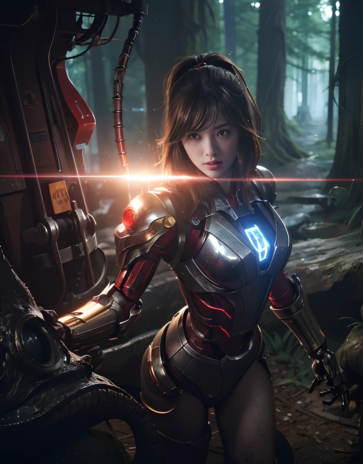 (1 Mechanical Girl)、top-quality、masterpiece、超A high resolution、(Photorealsitic:1.4)、Raw photo、1人、Fight mutants、glowy skin、(((1 Mechanical Girl)))、With a beautiful knife、(Yellow Metal Bodysuit)、(Kobold、ogre、Fierce battle with orcs),(Fight fiercely against aliens)、Fight fiercely、(beautiful forest background)、(Fighting Demonic Beasts)、(Small LED)、((super realistic details))、portlate、(Strong giant demon beast background),globalillumination、Shadow、octan render、8K、ultrasharp、Colossal tits、Raw skin is exposed in cleavage、metals、Details of complex ornaments、Japan details、highly intricate detail、Realistic light、(Mystical expression),CGSoation Trends、Red Eyes、radiant eyes、Facing the camera、neon details、(Mechanical limbs)、(blood vessels connected to tubes)、Mechanical vertebrae attached to the back、mechanical cervical attaching to neck、(Wires and cables connecting to the head)、Gundam、Small LED、,Mechanical thighs、Toostock、(Hands are also made of machines)、(Attack of the Monster Beasts)、(Wounded in a deadly battle)、