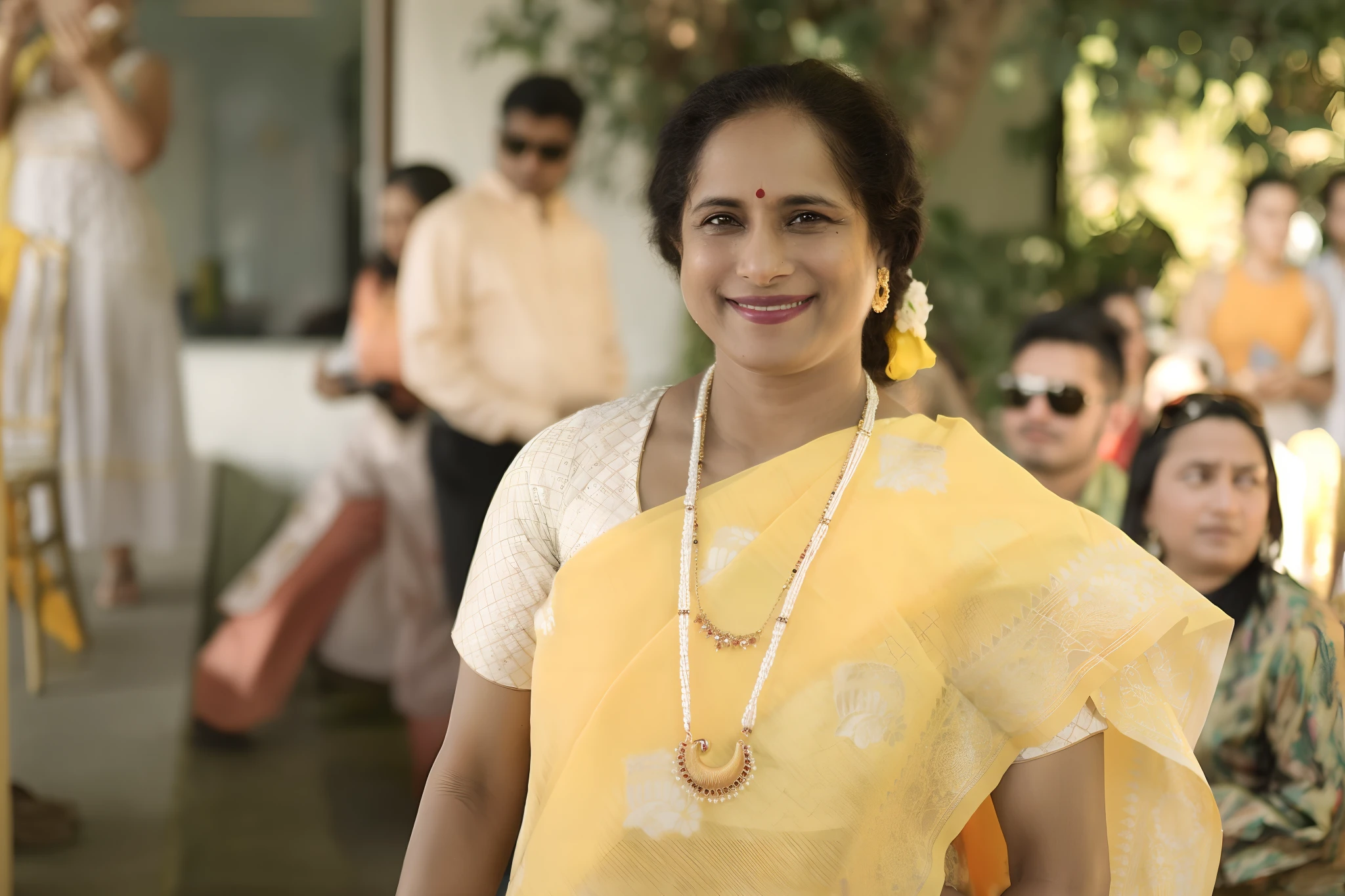 there is a woman in a yellow sari standing in front of a crowd, dressed in a sari, photo of a woman, a still of a happy, photo taken with nikon d750, photo taken with nikon d 7 5 0, wearing a sari, portrait image, portrait mode photo, dayanita singh, candid portrait photo, wearing traditional garb, ritu kumar