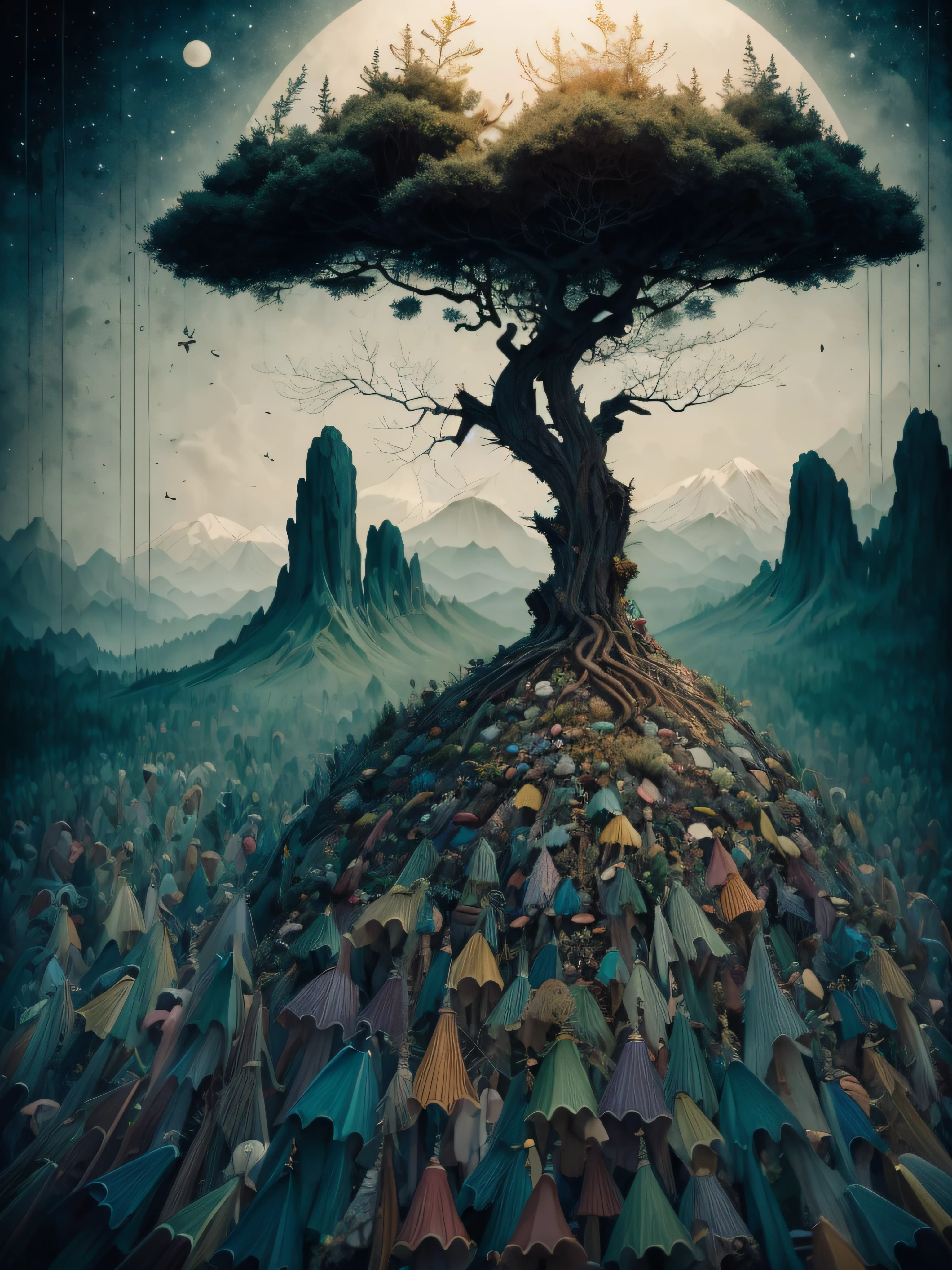 Painting a tree on top of a mountain, calabazas iluminadas, Surrealist illustration, Arte oscuro surrealista, Estilo Mark Ryden, Mark Ryden muy detallado, Estilo de Mark Ryden, Naoto Hattori, Surrealismo pop lowbrow, Mark Ryden en el estilo de, benjamin lacombe, Lori Earley, Surrealismo pop Lowbrow Art Style, Arte lowbrow, por Mark Ryden