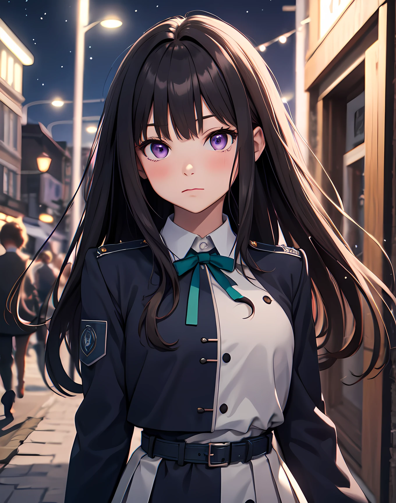 masterpiece, best quality, {best quality}, {{masterpiece}}, {highres}, illustration, 1girl, inoue takina, long hair, bangs, black hair, (purple eyes:1.2), blush, shirt, long sleeves, dress, ribbon, school uniform, white shirt, collared shirt, belt, neck ribbon, blue dress, green ribbon, pleated dress, grey dress, two-tone dress, blue belt, lycoris uniform, looking at viewer, night, park