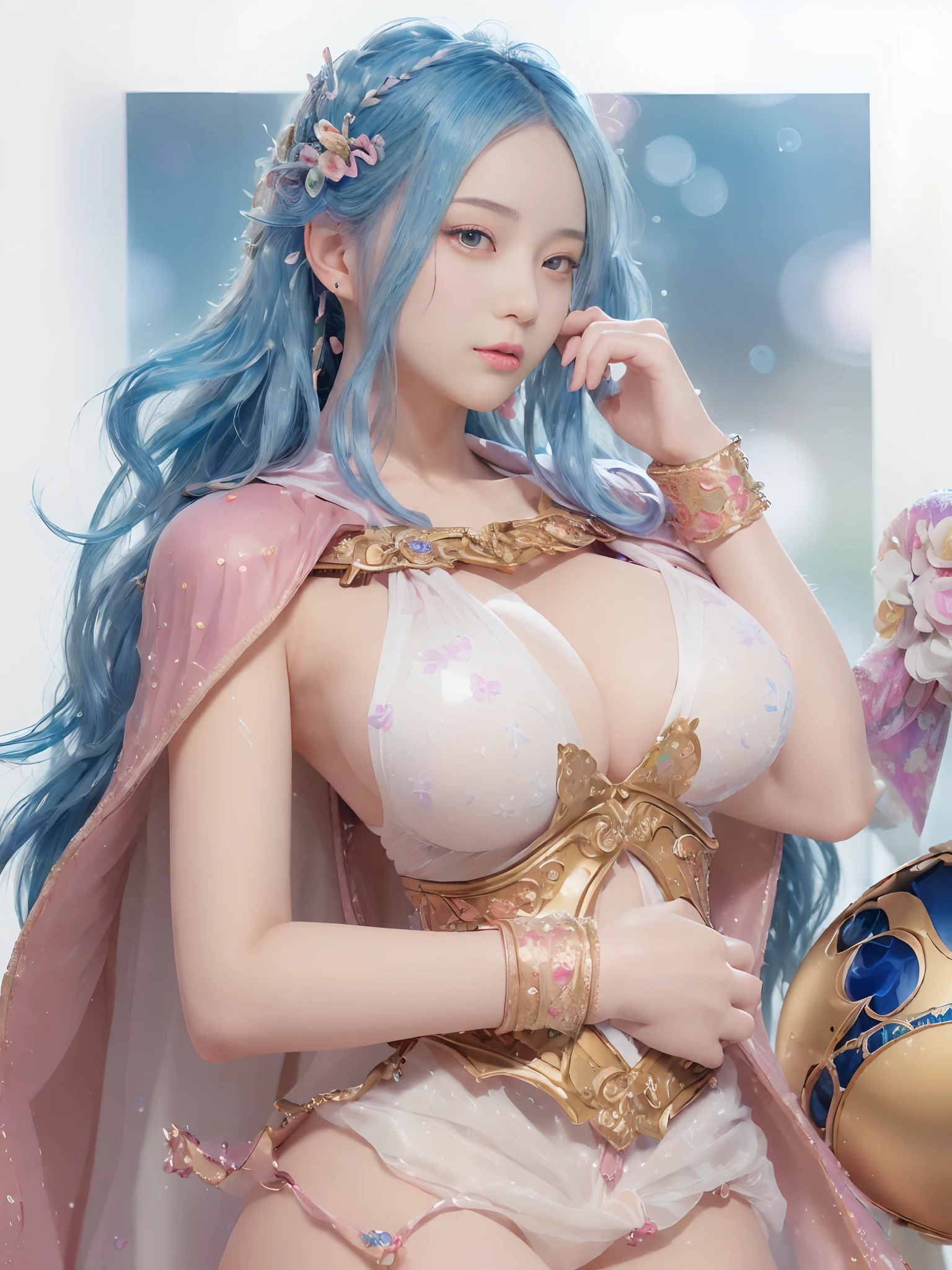 Highly detailed, best quality, ultra high res, (photorealistic:1.4), RAW photo, (from side:0.7), (bokeh:1.5), (princess), (in suite:1.6), (big boobs), white long dress, japanese girl, a woman with blue hair and pink cape, from one piece, anime goddess, highly detailed exquisite fanart, extremely detailed artgerm, [32k hd]^10