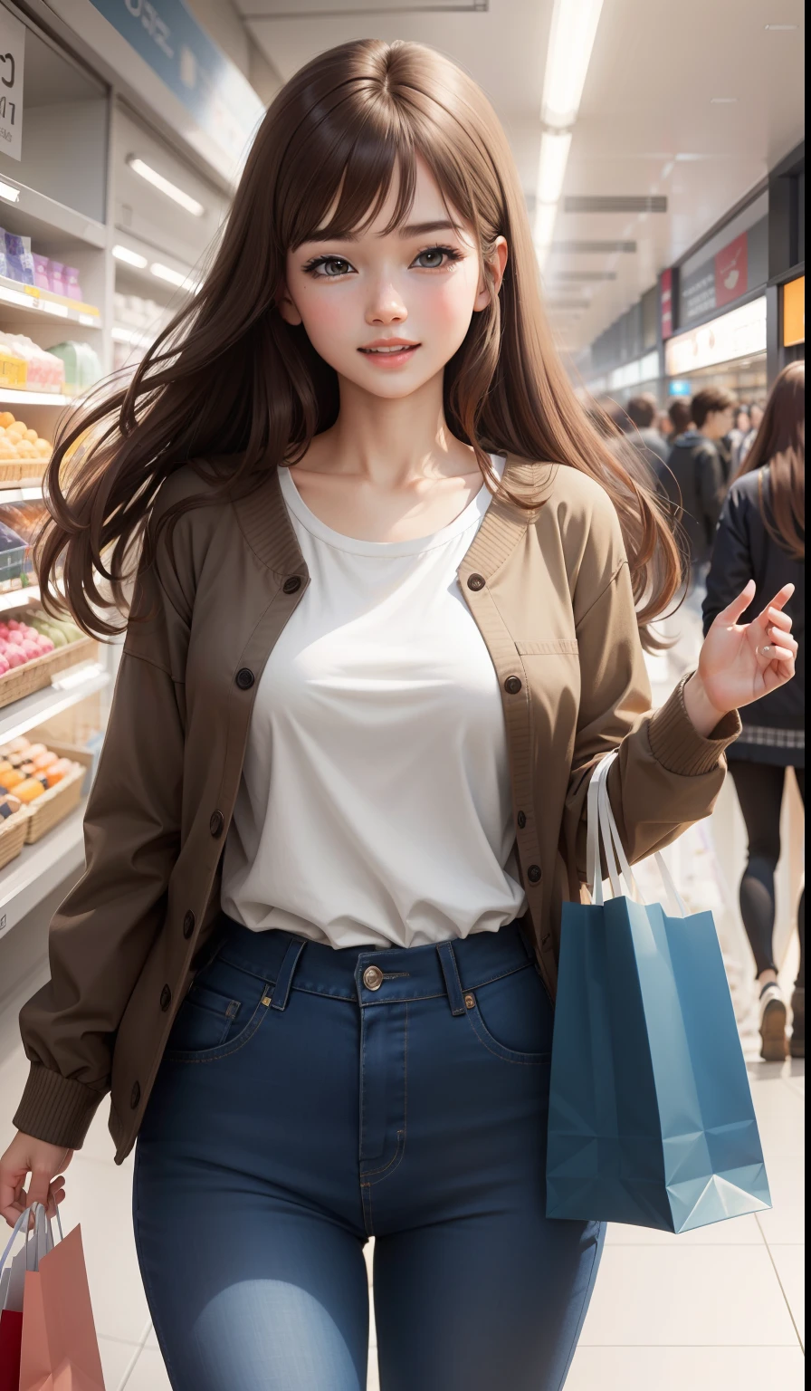 shopping, 20 years old, Realistic,Everyday clothes, Expressions of satisfaction and relief, Brown hair,An ultra-high picture quality,high-detail,