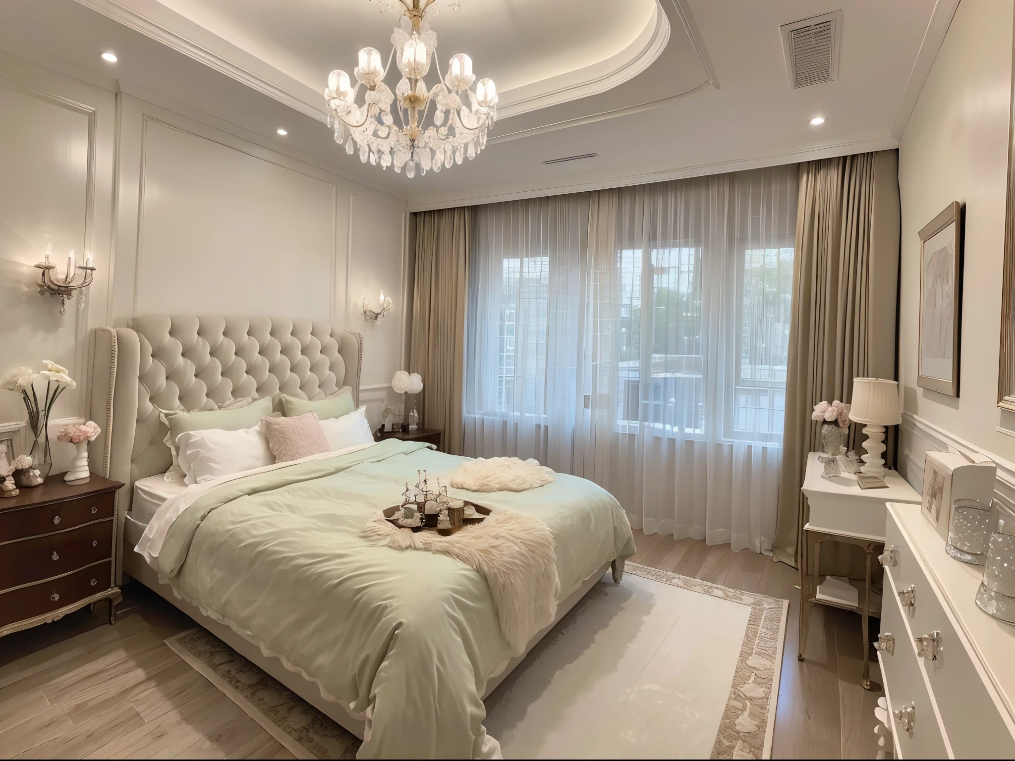 (best quality,4k,8k,highres,masterpiece:1.2),ultra-detailed,(realistic,photorealistic,photo-realistic:1.37),candy-colored walls,fluffy cloud chandelier,bedside crystal candlestick with enchanting scent,delicate curtains gently swaying,starlight filtering through the window like a fairytale.