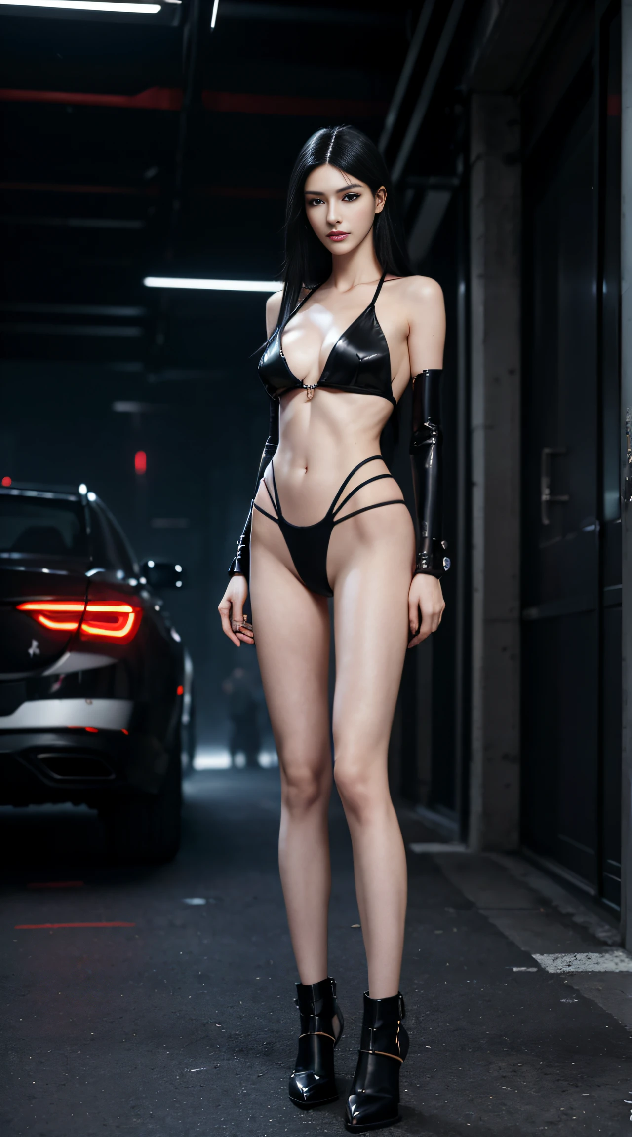 8K, Top Quality, Intricate Details, Ultra Detail, Ultra High Resolution, Masterpiece, , Slender, Smile, (Makeup: 0.4), (Fluffy Blue Eyes: 1.21), blue Eyes,, ((full body)), 1girl, solo, 1 girl, (( full body)), close-up shot, standing , , ((tall)), (((fit body))), (((slim face))), sharp face, sharp eyes, ((( black hair, long hair ))), (detailed face), sharp face, small lips, thin lips,
(( cyberpunk female, woman in a futuristic suit )), detailed face, detailed breast, , large breast, detail, , Beautiful girl with accentuated slender abs: 1.4, Six Pack Abs: 1.4, Bust Botox, Big, Perfect Body, detail leg, ), cyberpunk background,