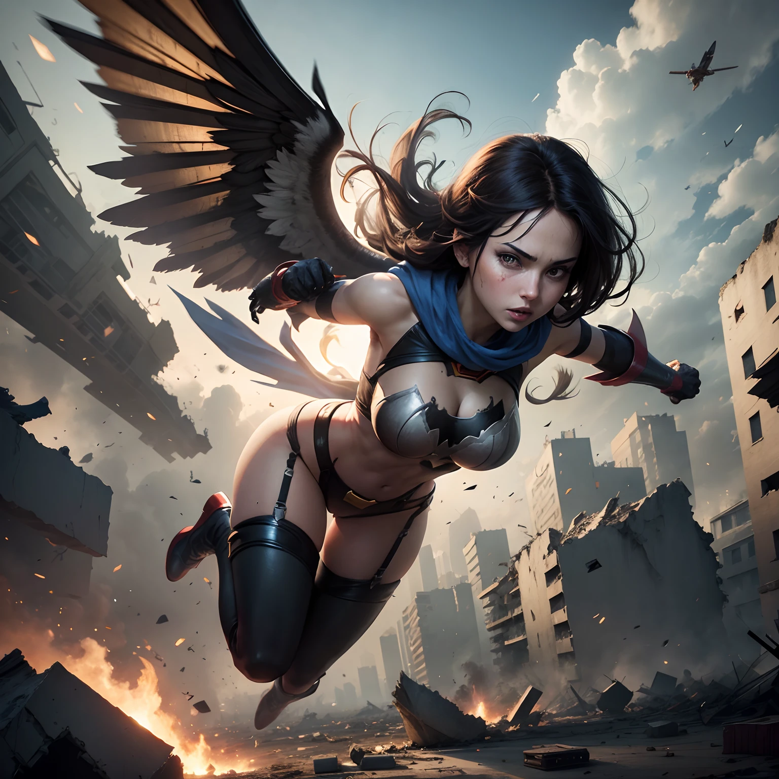 Super heroine flying over a destroyed city