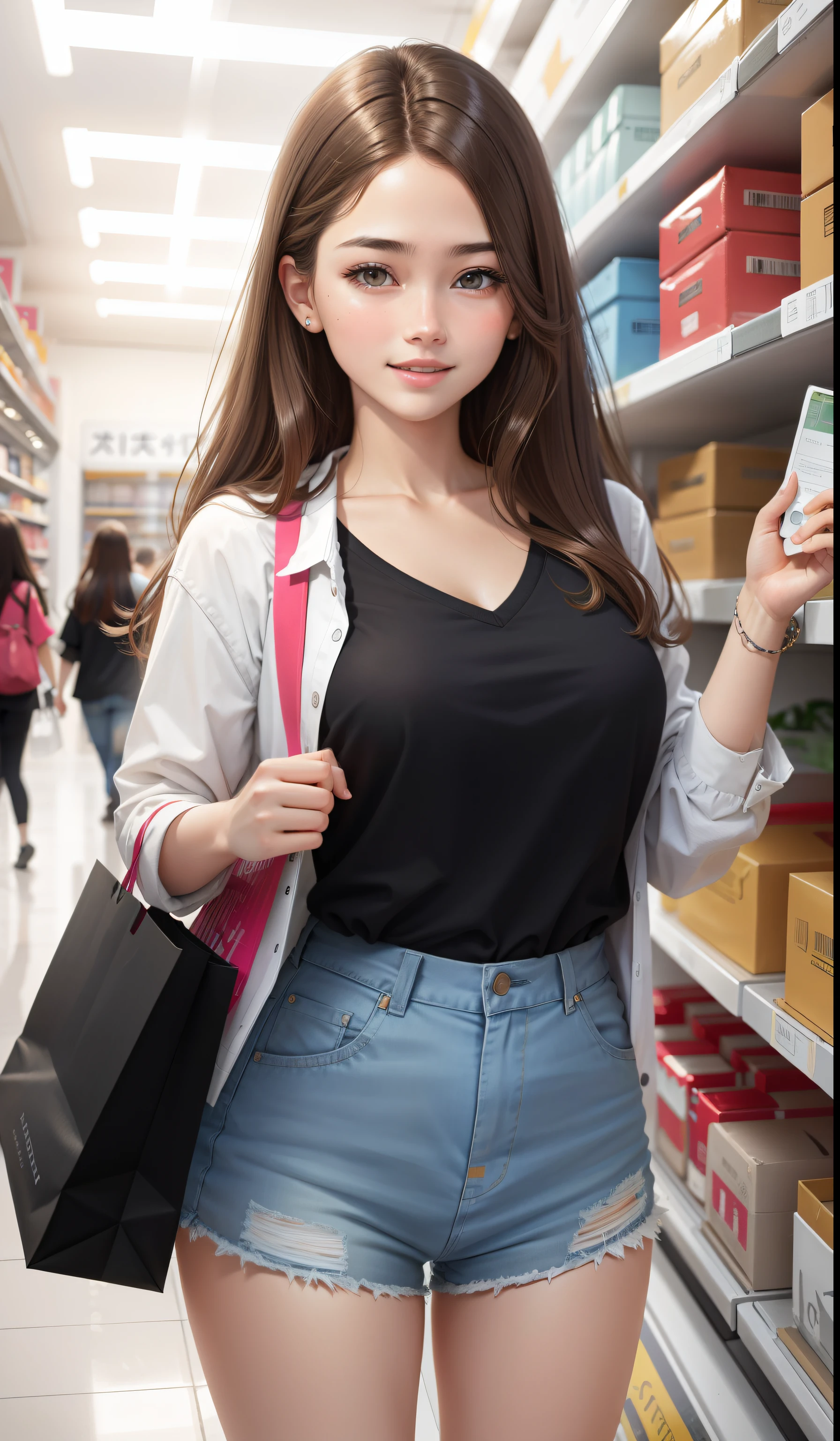 shopping, 20 years old, Realistic,Everyday clothes, Expressions of satisfaction and relief, Brown hair,An ultra-high picture quality,high-detail,