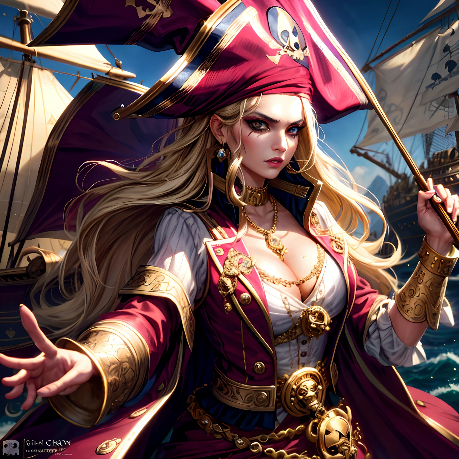 (pirate woman,beautiful,gold outfit,highest quality,intricate outfit,jewels),detailed eyes and face, long eyelashes, vibrant colors, dynamic pose, pirate ship background, dramatic lighting,hdr,ultra-fine painting,sharp focus,horror,portrait