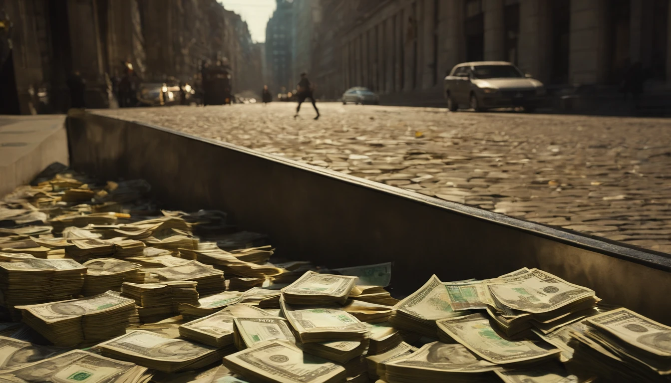 Hyperinflation、The Great Recession、Banknotes lose their value、Money becomes garbage、Banknotes are scattered on the streets,dark ambiance、