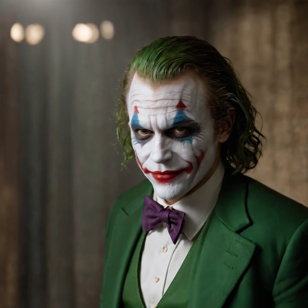 cinematic film still of <lora:Batman1966 Style:1>
In year 1966,a man dressed as the joker in a suit,Bama1966 Style,solo,short hair,blonde hair,shirt,1boy,brown eyes,closed mouth,jacket,male focus,green hair,necktie,collared shirt,ascot,facial hair,formal,suit,portrait,green shirt,clown,classic,vintage,retro,dramatic light,film look,cinematic , Gotham City, batman universe, ba_ma style, batman style, batman1966 style, shallow depth of field, vignette, highly detailed, high budget, bokeh, cinemascope, moody, epic, gorgeous, film grain, grainy