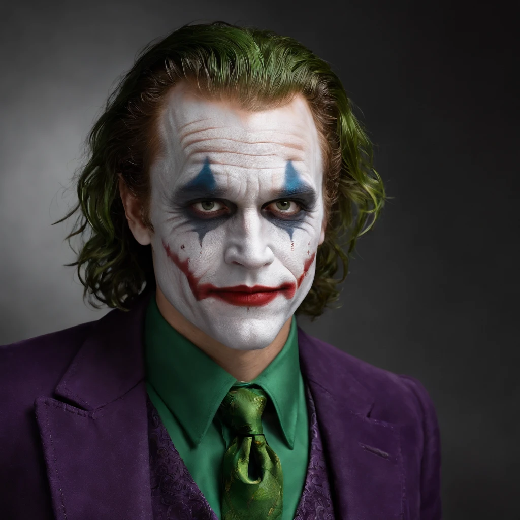 Transform a portrait photo into the iconic Heath Ledger's Joker look. Begin with a clear, well-lit image of a subject with a neutral expression. Apply AI-based facial transformation techniques to achieve the Joker's pale white skin, dark smudged eye makeup, and exaggerated red scars for the mouth. Digitally manipulate the hair to resemble the Joker's green hair, and add a purple suit with a green vest or tie. Choose a background that evokes a scene from the Batman movie, adjust the lighting for a cinematic atmosphere, and enhance the image using AI for contrast and color. Lastly, use AI to give the subject a sinister and maniacal smile, capturing the essence of Heath Ledger's Joker. Fine-tune the image for realism and export it in high resolution.