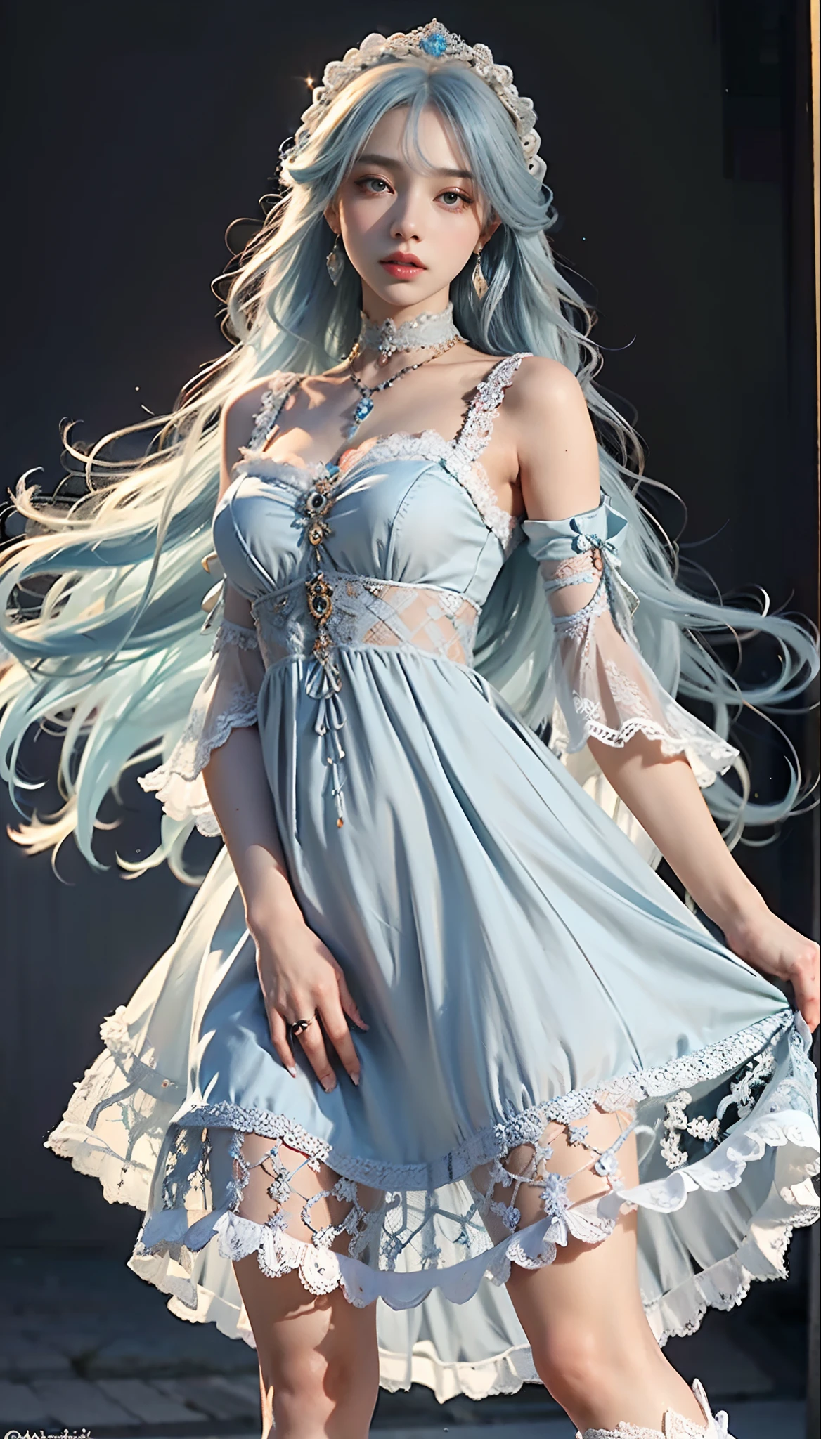 meticulous portrayal of face,1 noblewoman,(Lace orange Lolita maxi dress),(Long flowing light blue hair),Exquisite jewelry all over the body,Collar,Anklets,head chain,Lace-trimmed socks,(Lolita shoes), s the perfect face, perfect hand, Perfect Finger, Perfect lips, perfect eyes,Extremely normal body, Perfect background