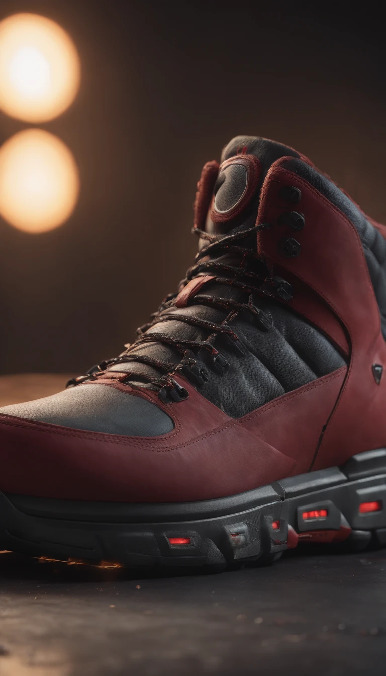 product photography of a cybepunk sneakers, epic render, octane, atmosphere, particles, soft volumetric lights, (backlit:1.3), (cinematic:1.3), intricate details, (ArtStation:1.3) deadpool logo