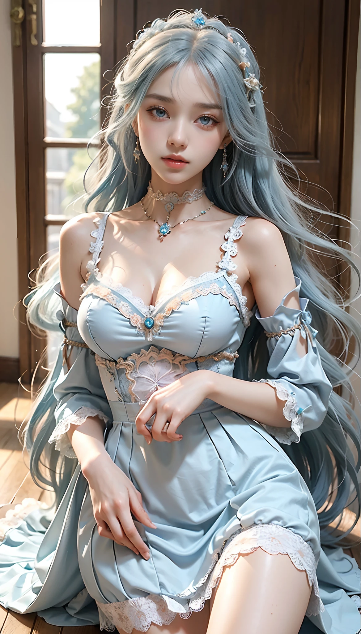 meticulous portrayal of face,1 noblewoman,(Lace orange ta maxi dress),(Long flowing light blue hair),Exquisite jewelry all over the body,Collar,Anklets,head chain,Lace-trimmed socks,(Lolihoes), s the perfect face, perfect hand, Perfect Finger, Perfect lips, perfect eyes,Extremely normal body, Perfect background
