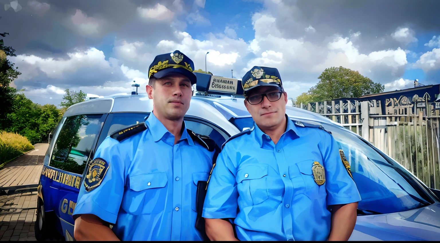 two police officers standing next to a car on a street, police officers, petros and leonid, szekely bertalan and lotz karoly, greg rutkowski and ivan shishkin, wearing a police uniform, wpol and sarasti, greg rutkowski and jakub rebelka, last photo, by Karl Völker, foto