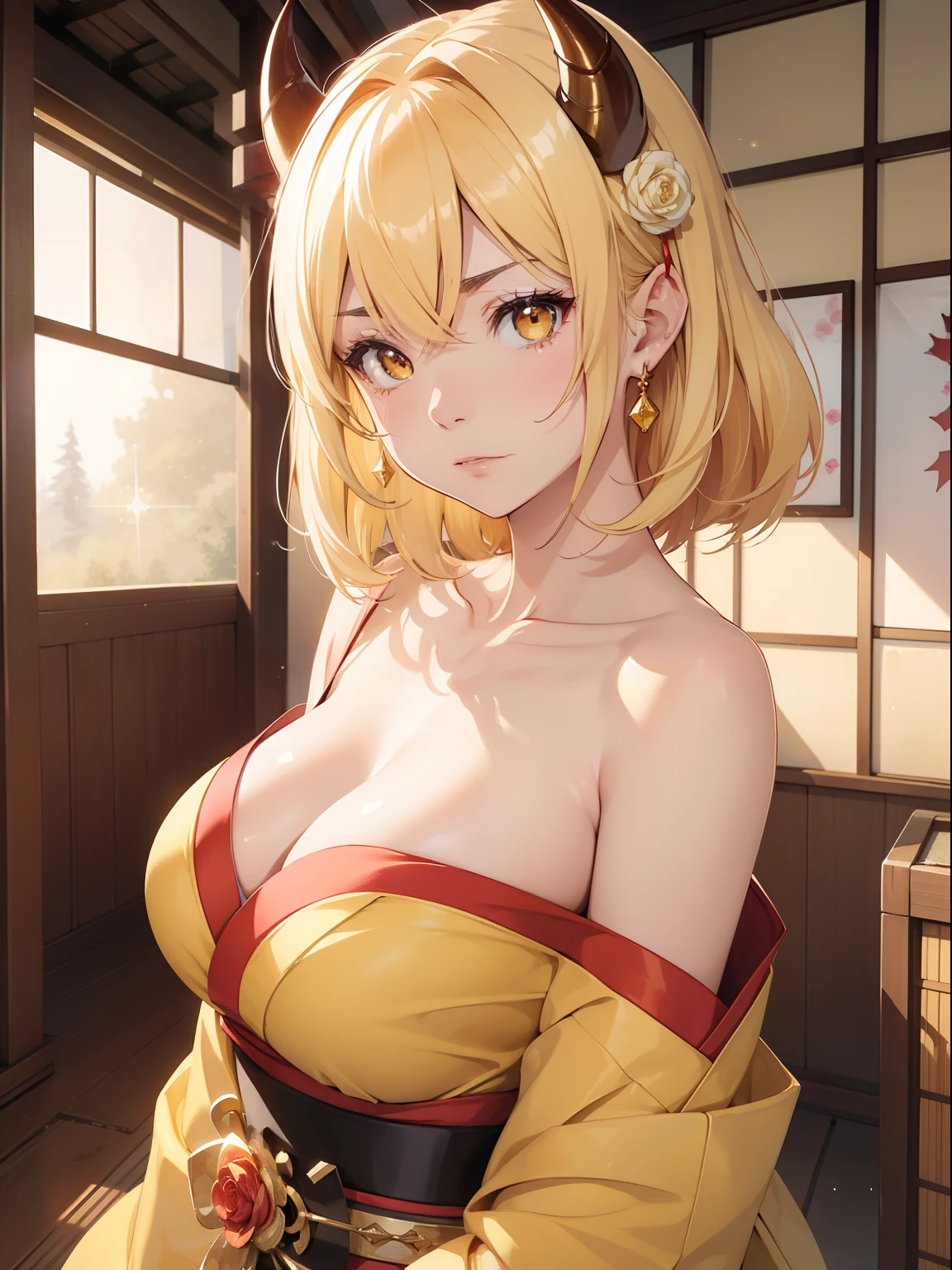 masutepiece, High resolution, 8K, anime woman, Delicate and detailed writing 、Detailed digital illustration、Short hair、perm、Shiny hair、Bangs、a very beautiful woman、Eyes are double, Large, Bust is D cup、High image quality, High quality、Detailed background、The inside of the eye shines like a diamond、Light yellow hair、Gradient pupil、(((2 arms、4 fingers, 1 thumb)))、Detailed female face、Very beautiful and cute woman、、细致背景、masterpiece、 Bright gradient watercolor , Lens Flare , (((Glitter))) , Glow , Dreamy , Yellow Ribbon、((Very beautiful yellow rose hair accessories))、((Straight at the angle of the front))、(((Red and White Devil's Horns))),(((Komono)))、(((Japanese-style room background)))、(((annoyed)))