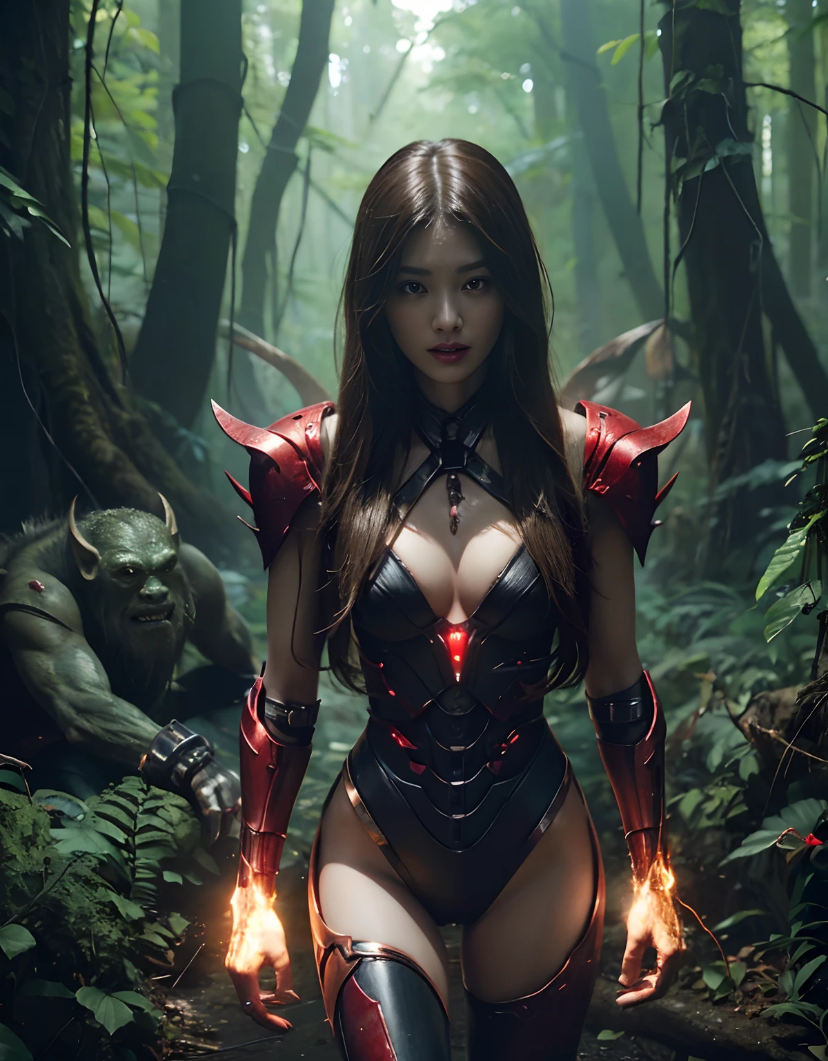 (1 Mechanical Girl)、top-quality、masterpiece、超A high resolution、(Photorealsitic:1.4)、Raw photo、1人、Fight mutants、glowy skin、(((1 Mechanical Girl)))、With a beautiful knife、(Yellow Metal Bodysuit)、(Kobold、ogre、Fierce battle with orcs),(Fight fiercely against aliens)、Fight fiercely、(beautiful forest background)、(Fighting Demonic Beasts)、(Small LED)、((super realistic details))、portlate、(Strong giant demon beast background),globalillumination、Shadow、octan render、8K、ultrasharp、Colossal tits、Raw skin is exposed in cleavage、metals、Details of complex ornaments、Japan details、highly intricate detail、Realistic light、(Mystical expression),CGSoation Trends、Red Eyes、radiant eyes、Facing the camera、neon details、(Mechanical limbs)、(blood vessels connected to tubes)、Mechanical vertebrae attached to the back、mechanical cervical attaching to neck、(Wires and cables connecting to the head)、Gundam、Small LED、,Mechanical thighs、Toostock、(Hands are also made of machines)、(Attack of the Monster Beasts)、(Wounded in a deadly battle)、