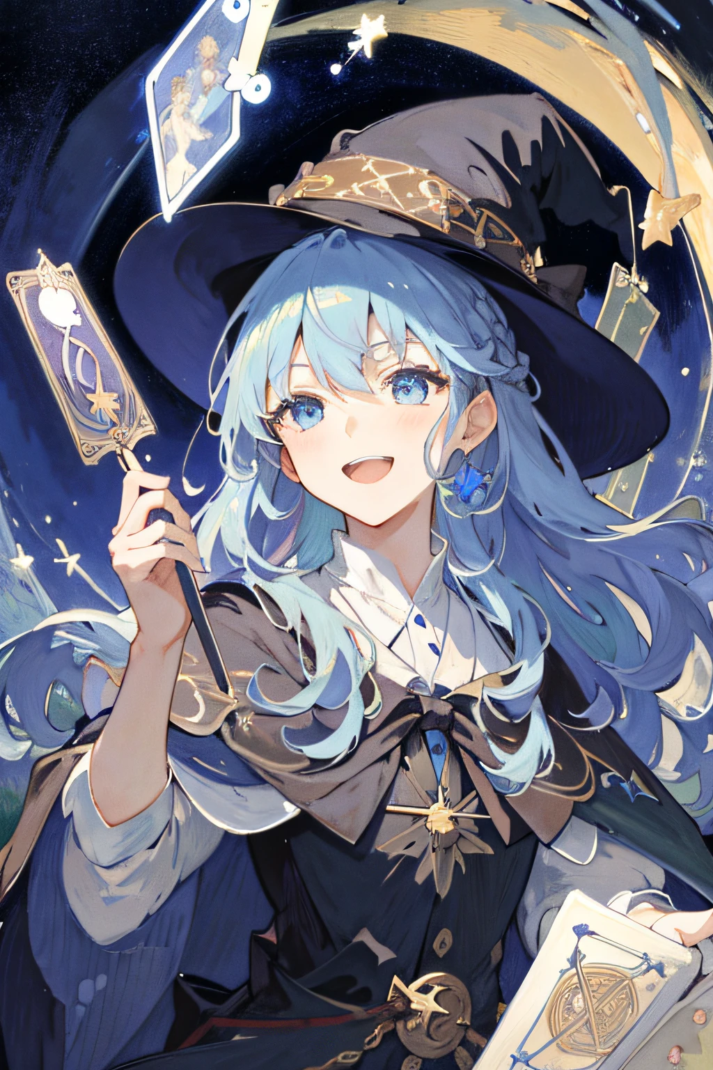 ((Masterpiece:1.2, Best quality)), 1girll, Solo, (Witch hat), Blonde hair, Long hair, Holding a wine glass dress, aurora, Night, Star (sky), mitts, sky, White dress, Night sky, Open mouth, Starry sky, Blue eyes, ribbon, Very long hair, Red dress, Smile, Hair ribbon, Cape, Blue hair, (Bird), magic, casting spell, Dark clouds, Night, (Impressionism:1.4), (tarot:1.3), Alphonse Mucha,