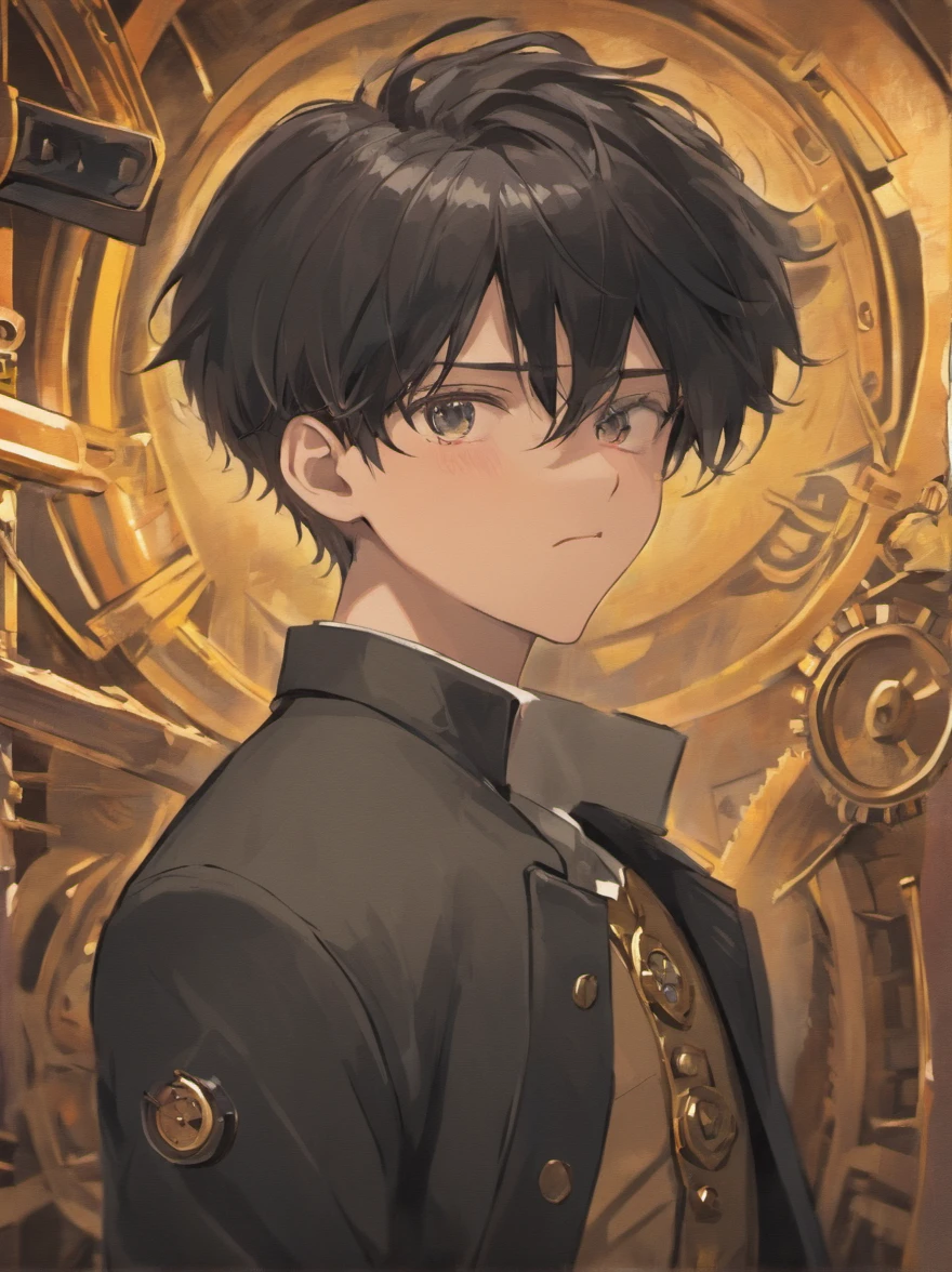 Masterpiece, best quality, 4k, 8k, absurdres (best illustration), steampunk background, 1boy, black hair, man bun, bored expression, half-body portrait, looking at viewer, ((sketch)), profile close-up