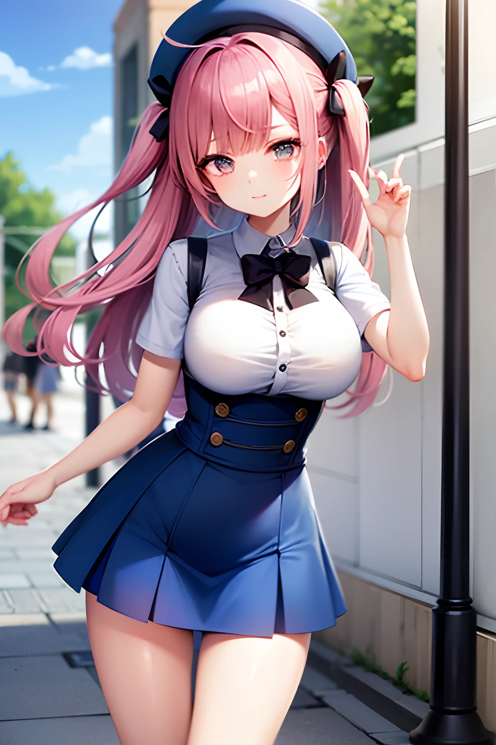 1girls, wears a short blue skirt, Wears a short shirt, that only covers the breasts, hat lange pinke haare, Rote Augen, keine Schuhe, posiert in der stadt, Meisterwerk, Top quality, (detaillierter Skin), Detailliertes Licht